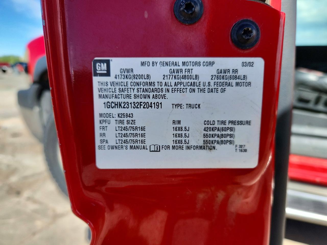 2002 Chevrolet Silverado K2500 Heavy Duty Red vin: 1GCHK23132F204191