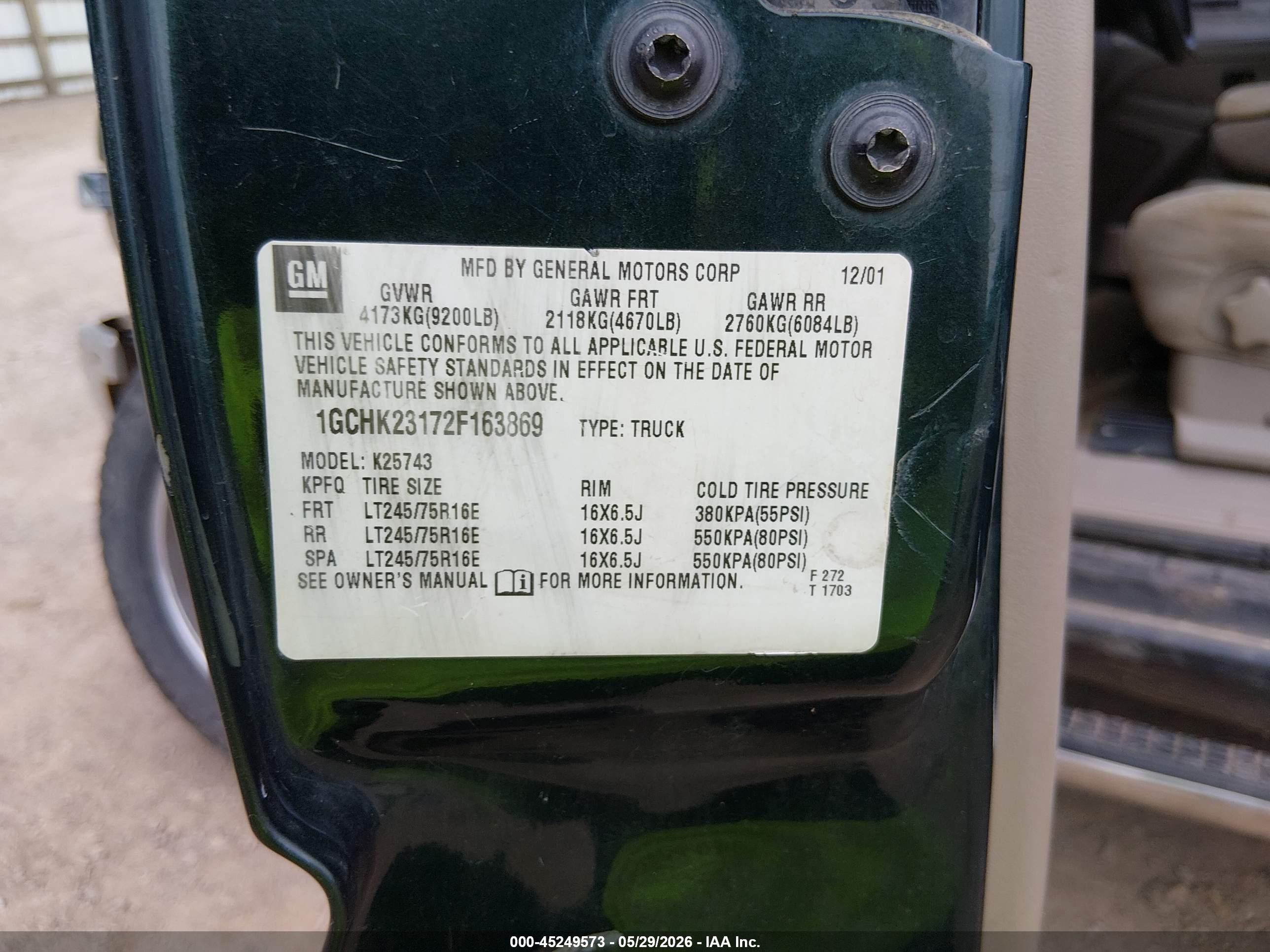 2002 Chevrolet Silverado 2500hd Ls Green vin: 1GCHK23172F163869