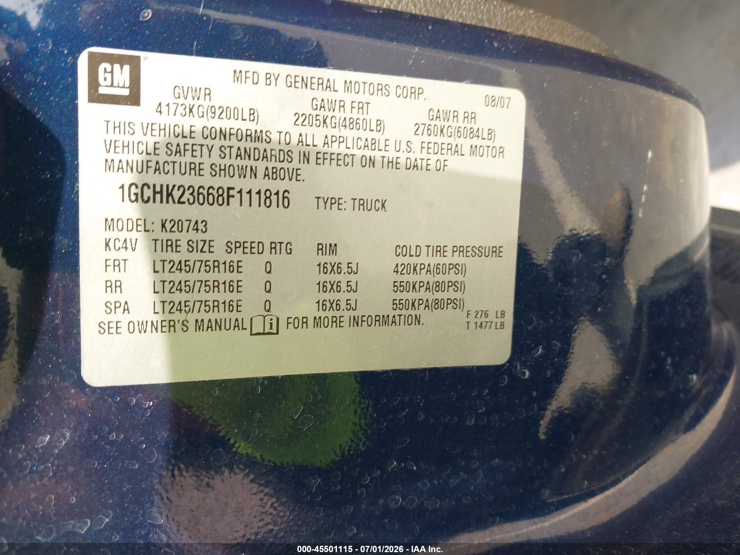 2008 Chevrolet Silverado 2500hd Lt1 Blue vin: 1GCHK23668F111816