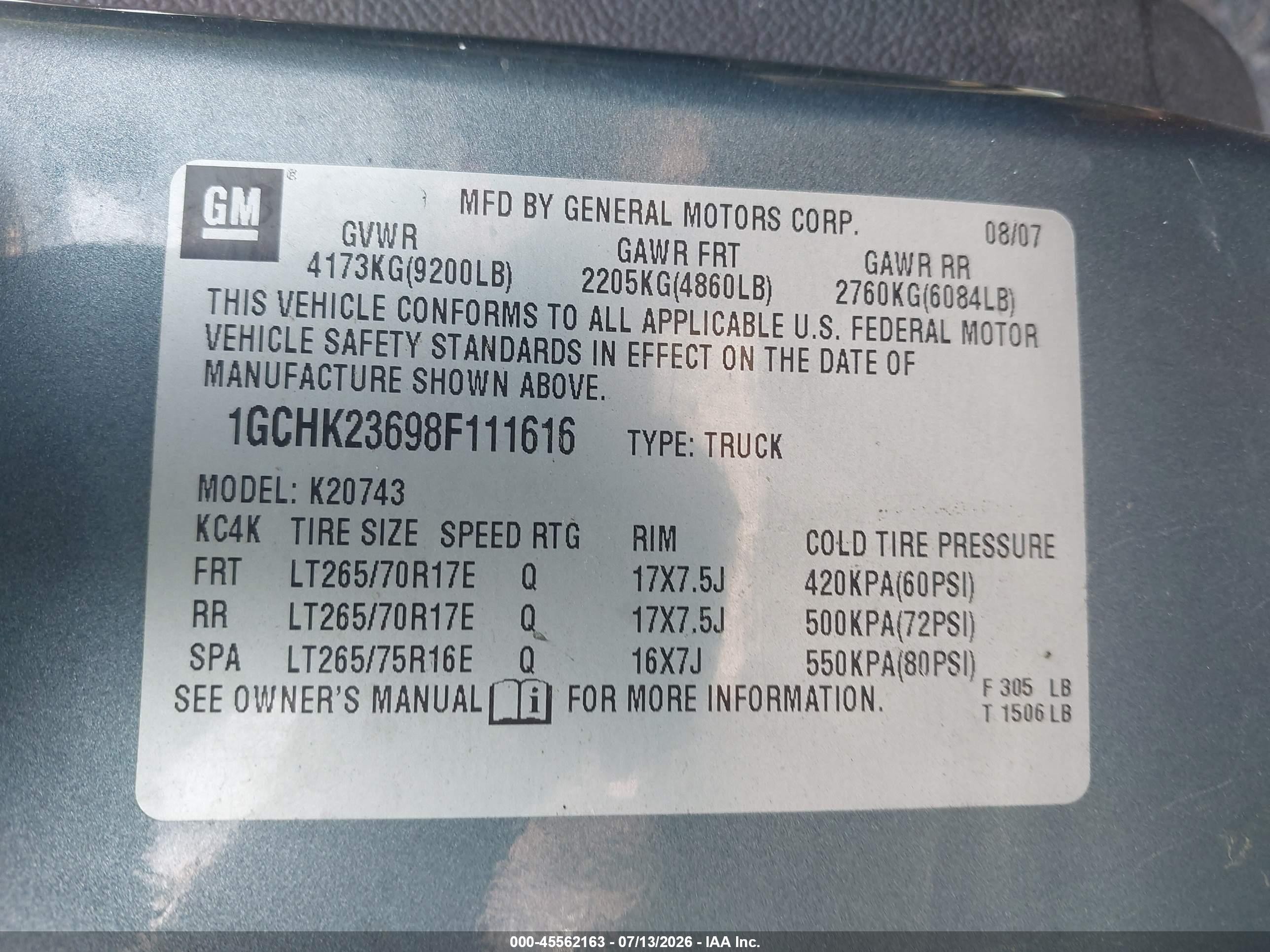 2008 Chevrolet Silverado 2500hd Ltz Blue vin: 1GCHK23698F111616