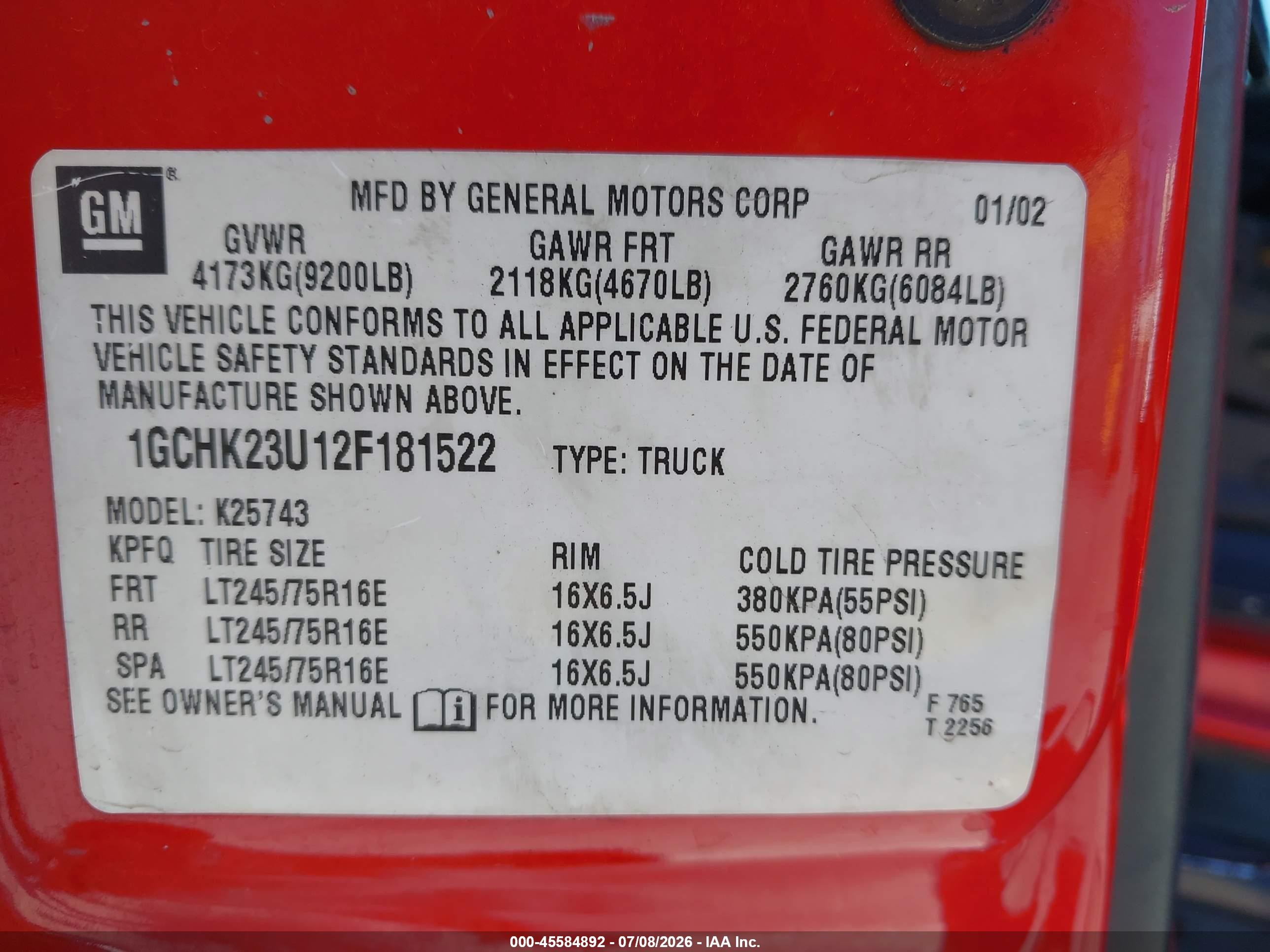 2002 Chevrolet Silverado 2500hd Ls Red vin: 1GCHK23U12F181522