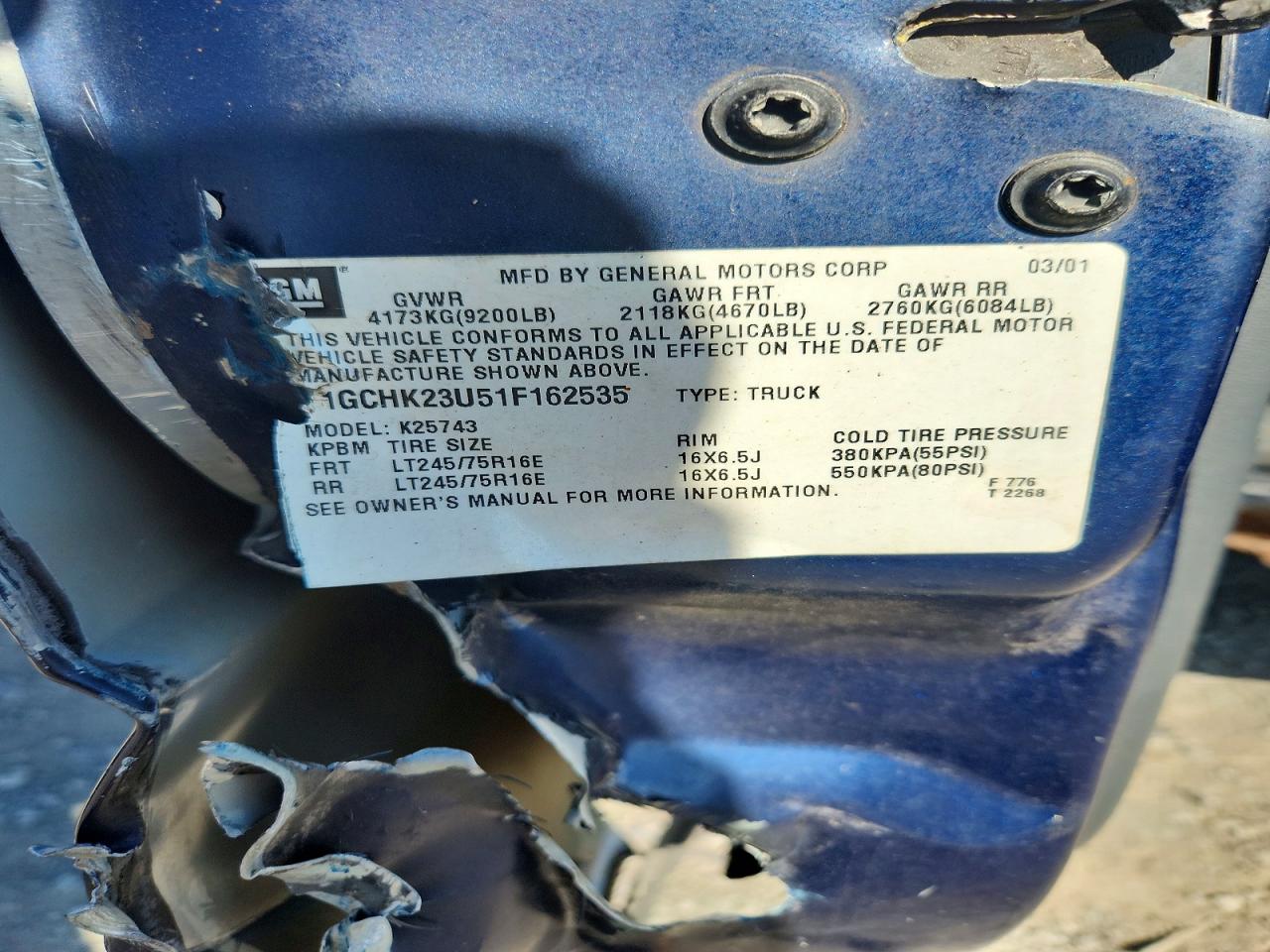 2001 Chevrolet Silverado K2500 Heavy Duty Blue vin: 1GCHK23U51F162535