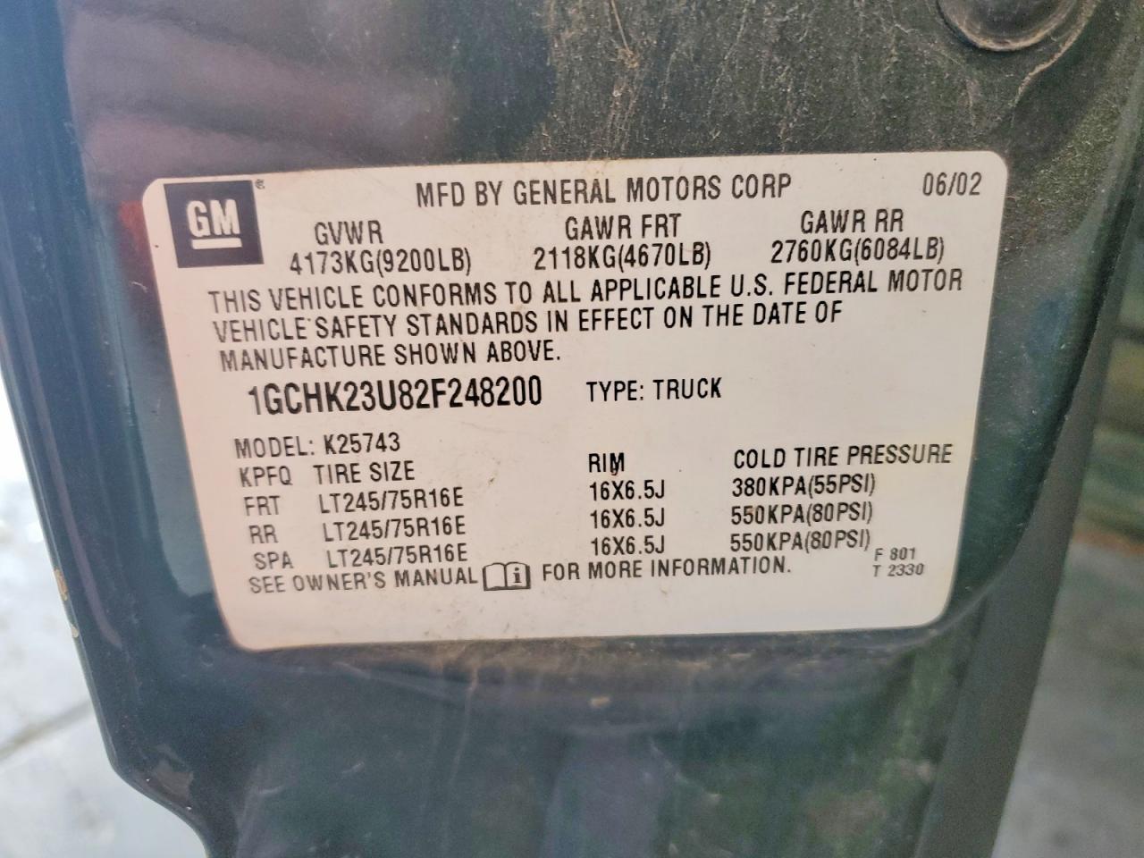 2002 Chevrolet Silverado K2500 Heavy Duty Green vin: 1GCHK23U82F248200