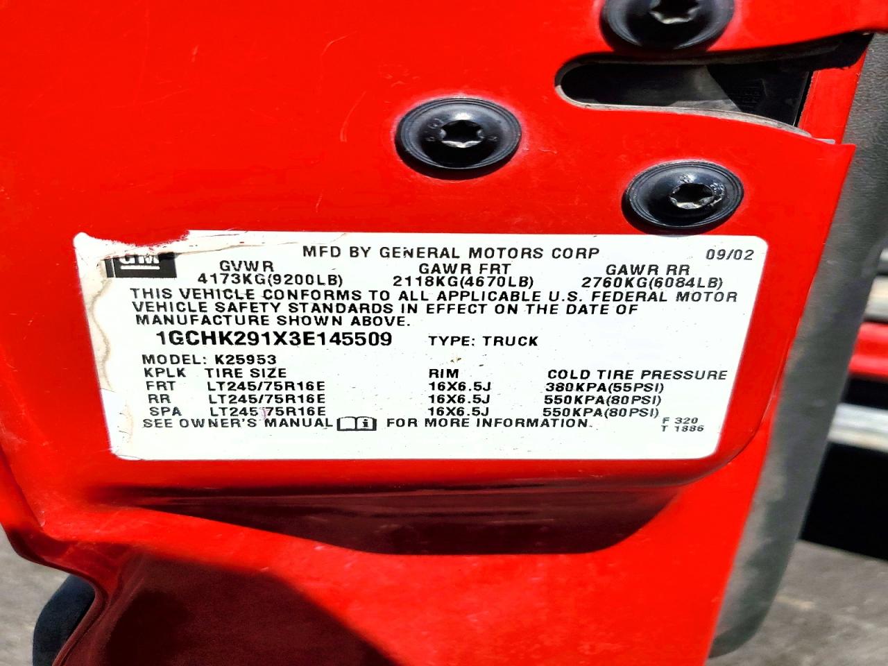 2003 Chevrolet Silverado K2500 Heavy Duty Red vin: 1GCHK291X3E145509