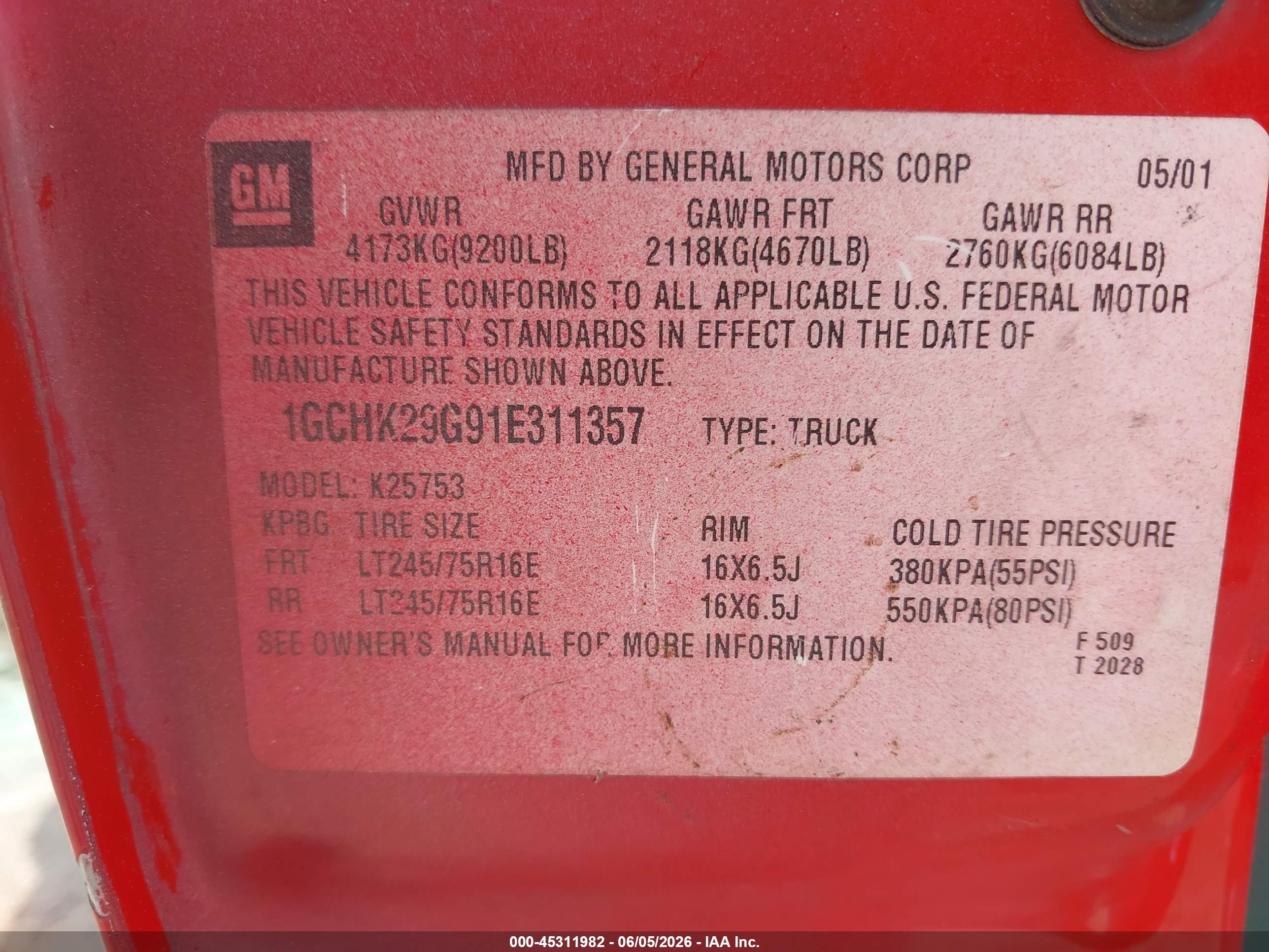 2001 Chevrolet Silverado 2500hd Ls Red vin: 1GCHK29G91E311357