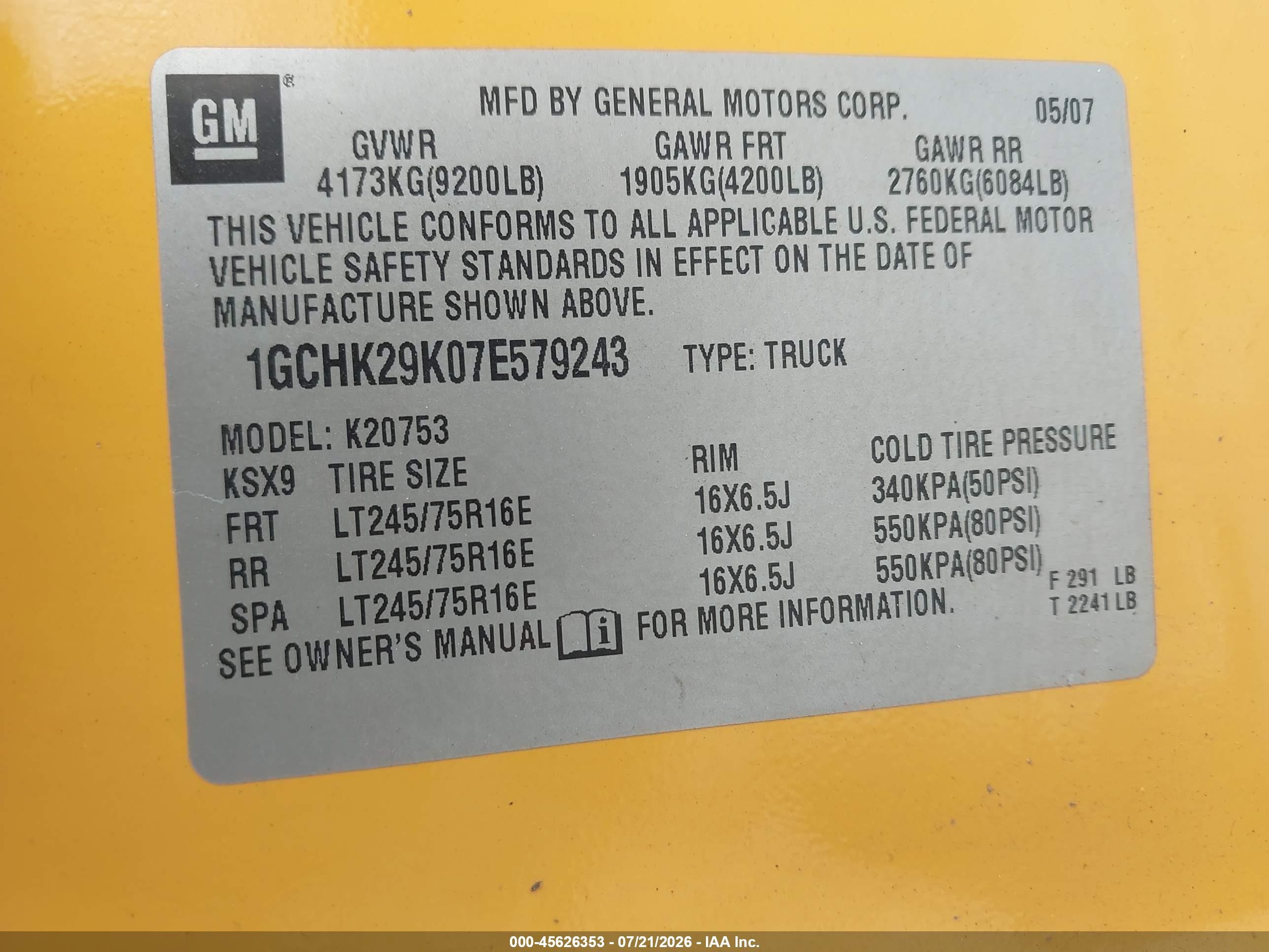 2007 Chevrolet Silverado 2500hd Lt1 Yellow vin: 1GCHK29K07E579243