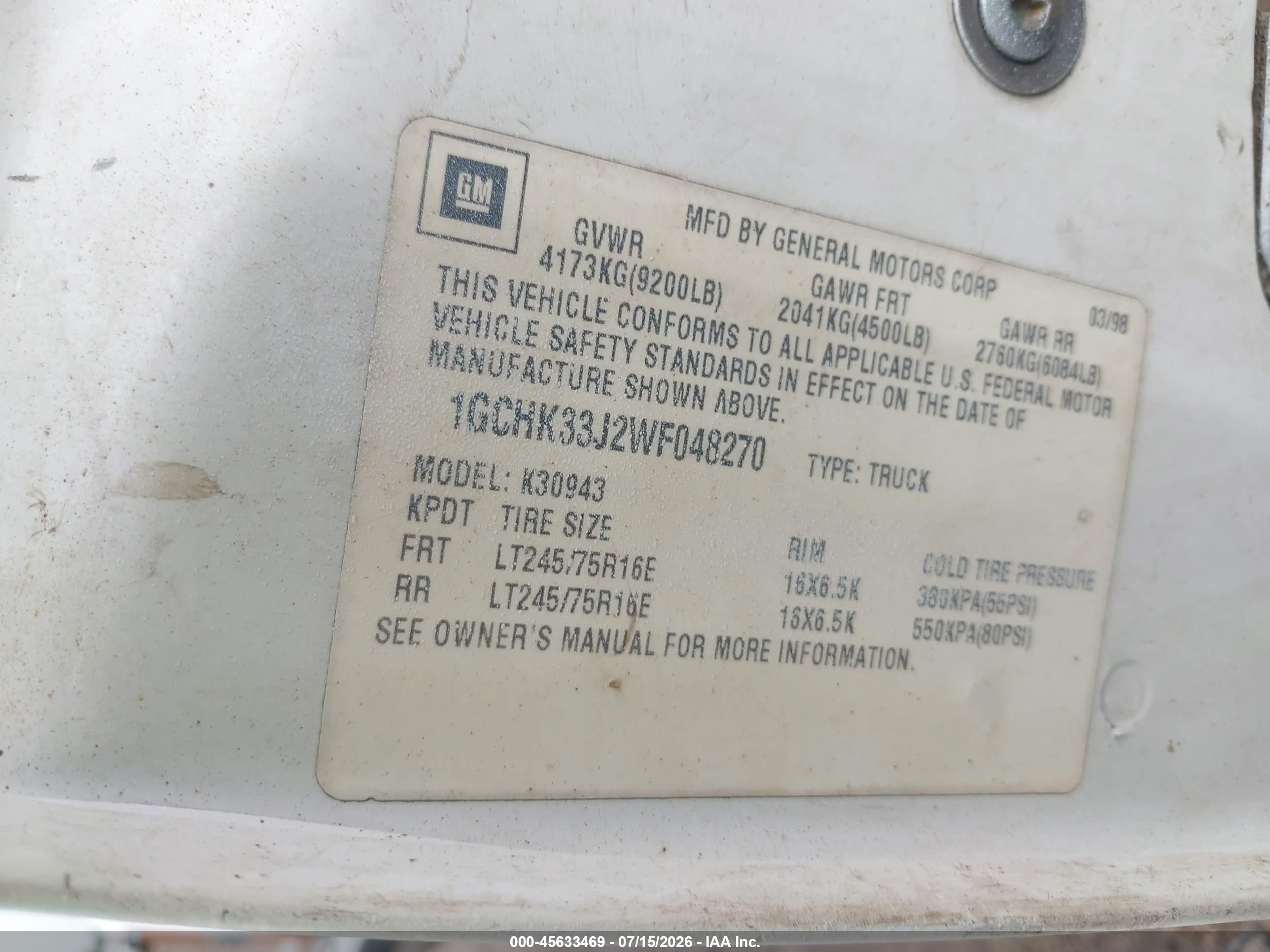 1998 Chevrolet K3500   White vin: 1GCHK33J2WF048270