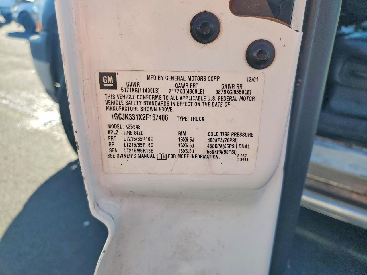 2002 Chevrolet Silverado K3500 White vin: 1GCJK331X2F167406