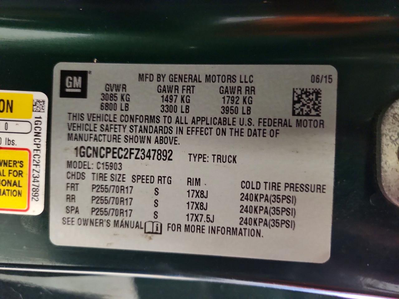 2015 Chevrolet Silverado C1500 Green vin: 1GCNCPEC2FZ347892