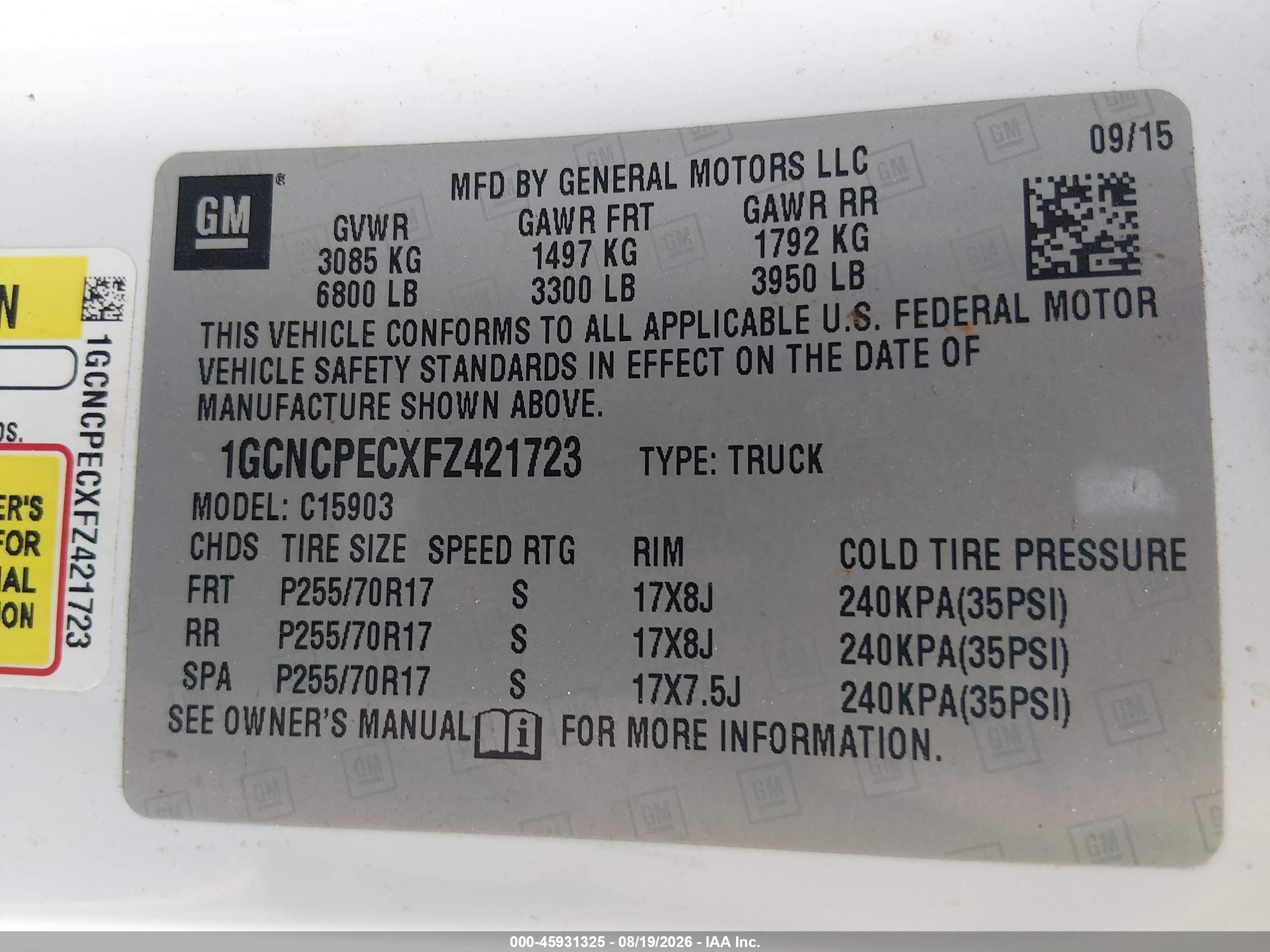2015 Chevrolet Silverado 1500 Work Truck White vin: 1GCNCPECXFZ421723