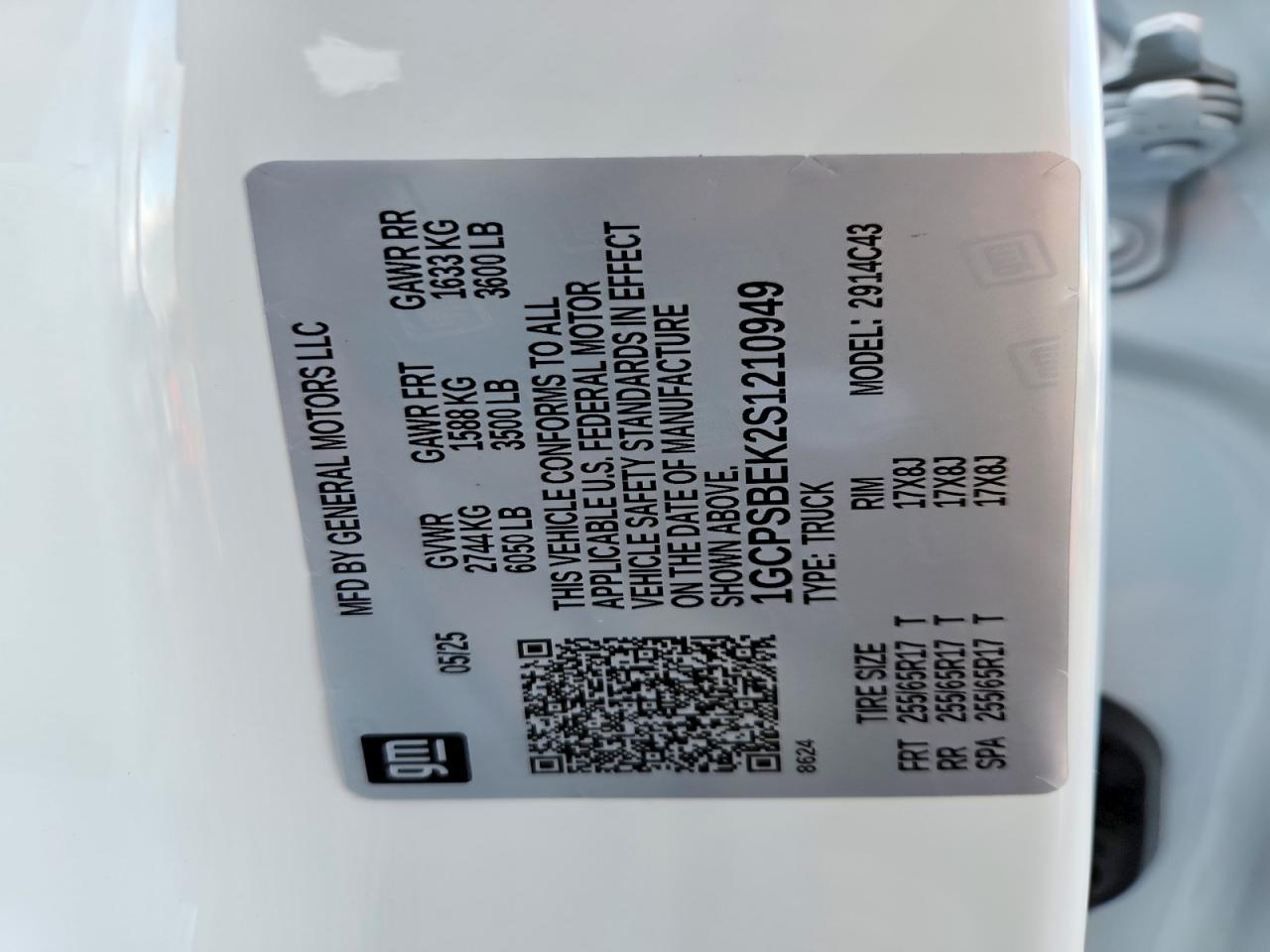 2025 Chevrolet Colorado White vin: 1GCPSBEK2S1210949