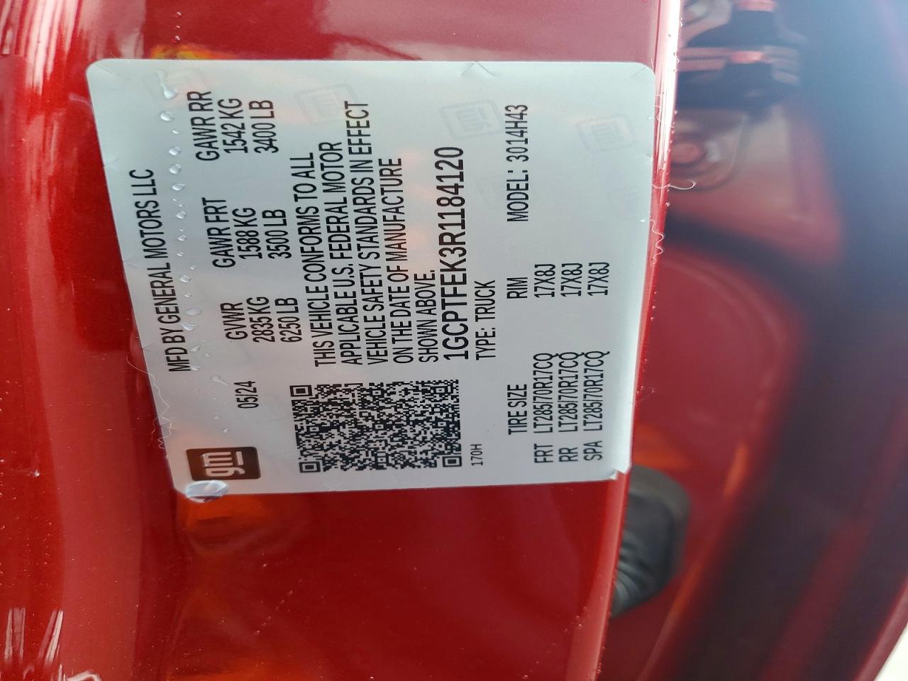 2024 Chevrolet Colorado Zr2 Red vin: 1GCPTFEK3R1184120