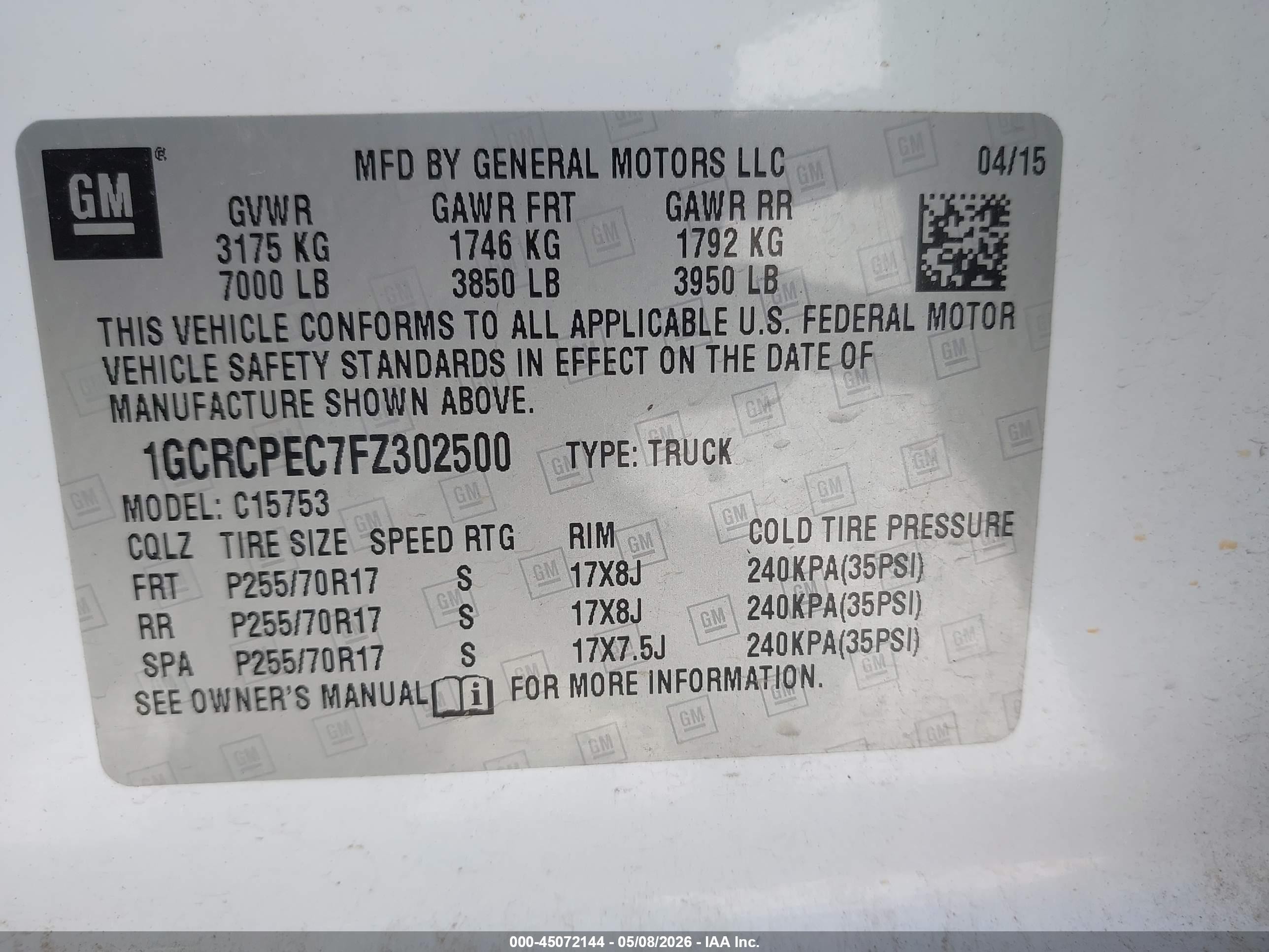 2015 Chevrolet Silverado 1500 Wt White vin: 1GCRCPEC7FZ302500