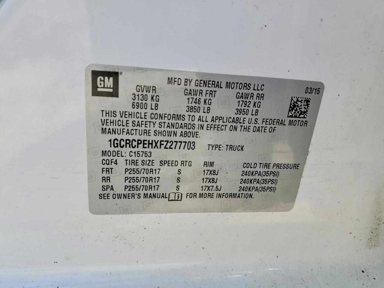 2015 Chevrolet Silverado C1500 Белый vin: 1GCRCPEHXFZ277703