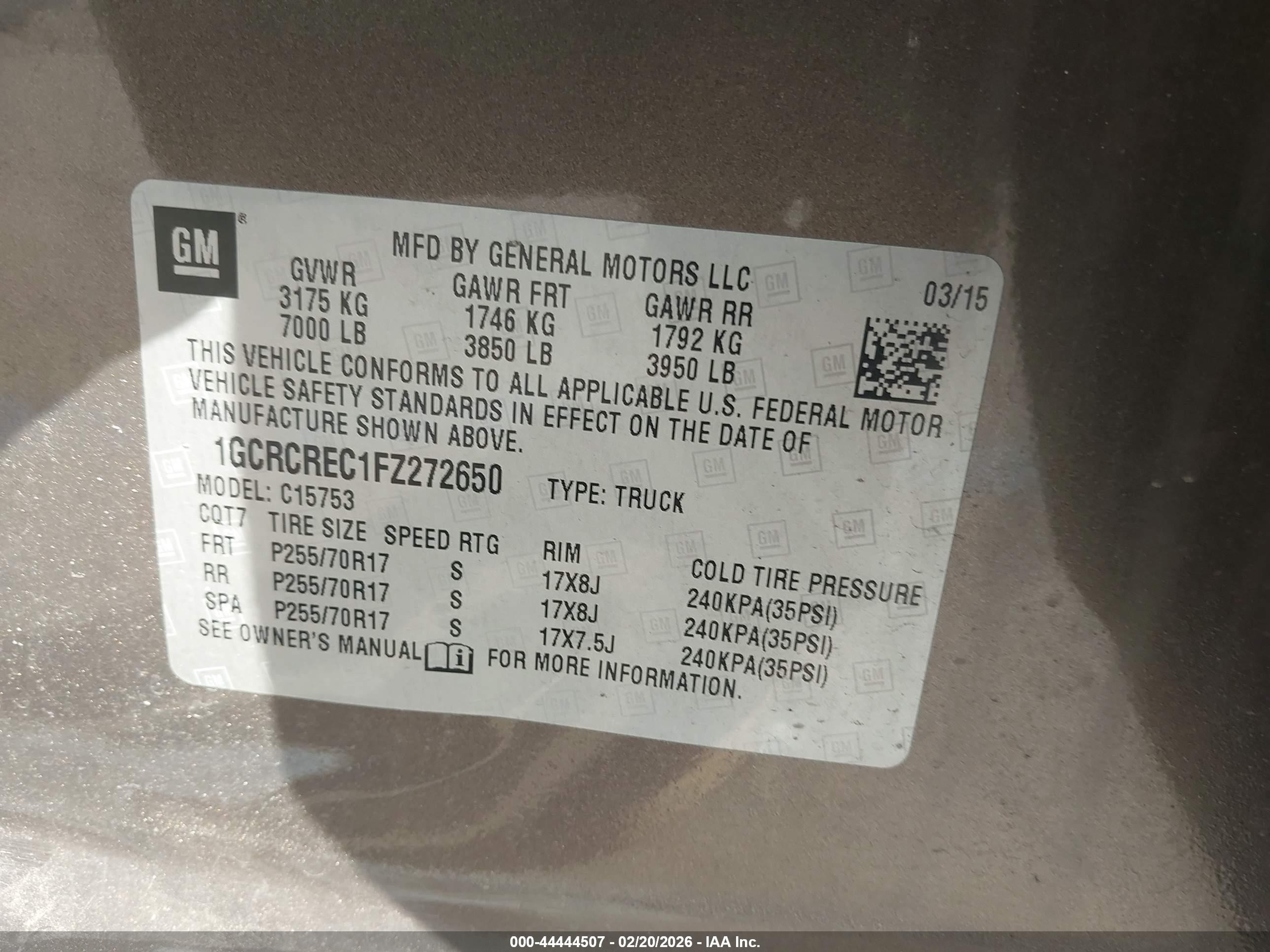 2015 Chevrolet Silverado 1500 1lt Gray vin: 1GCRCREC1FZ272650