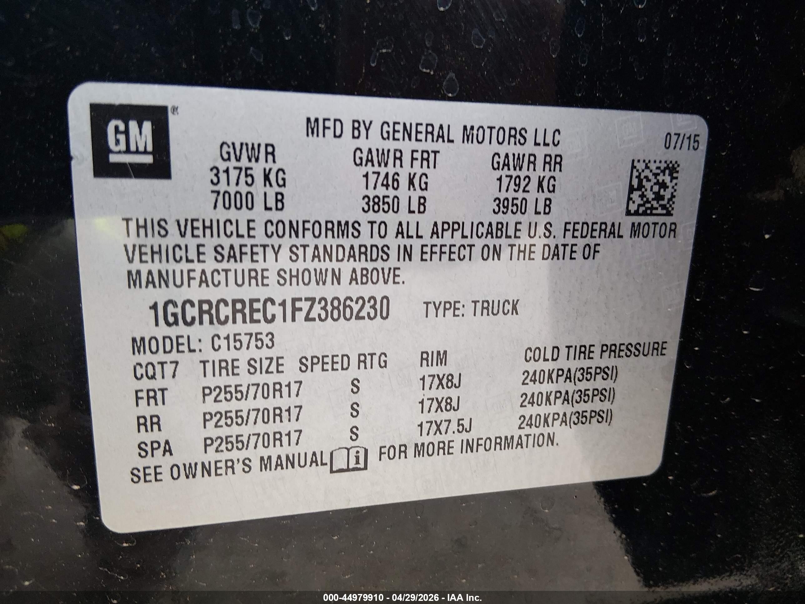 2015 Chevrolet Silverado 1500 1lt Black vin: 1GCRCREC1FZ386230