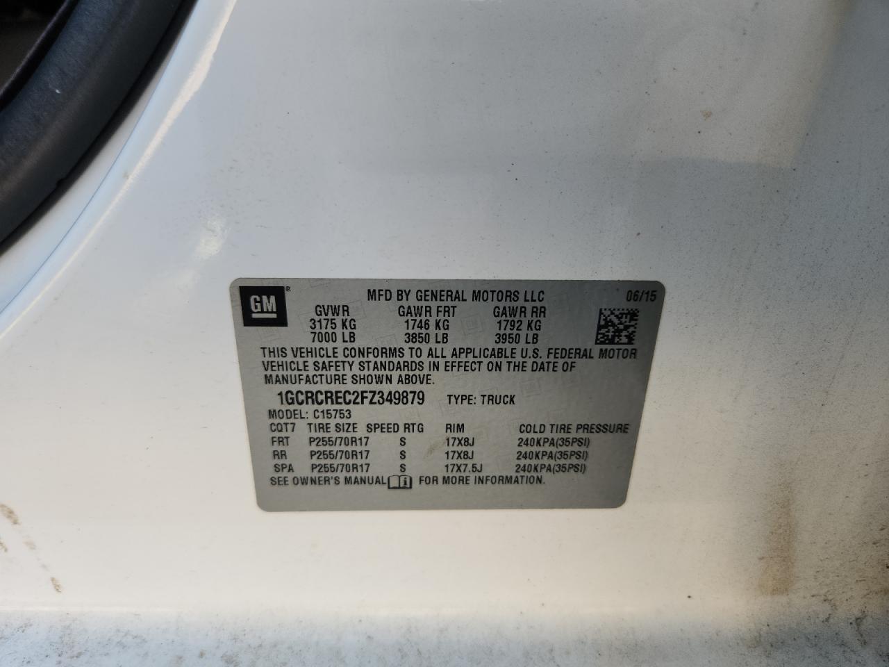 2015 Chevrolet 1500 Picku White vin: 1GCRCREC2FZ349879