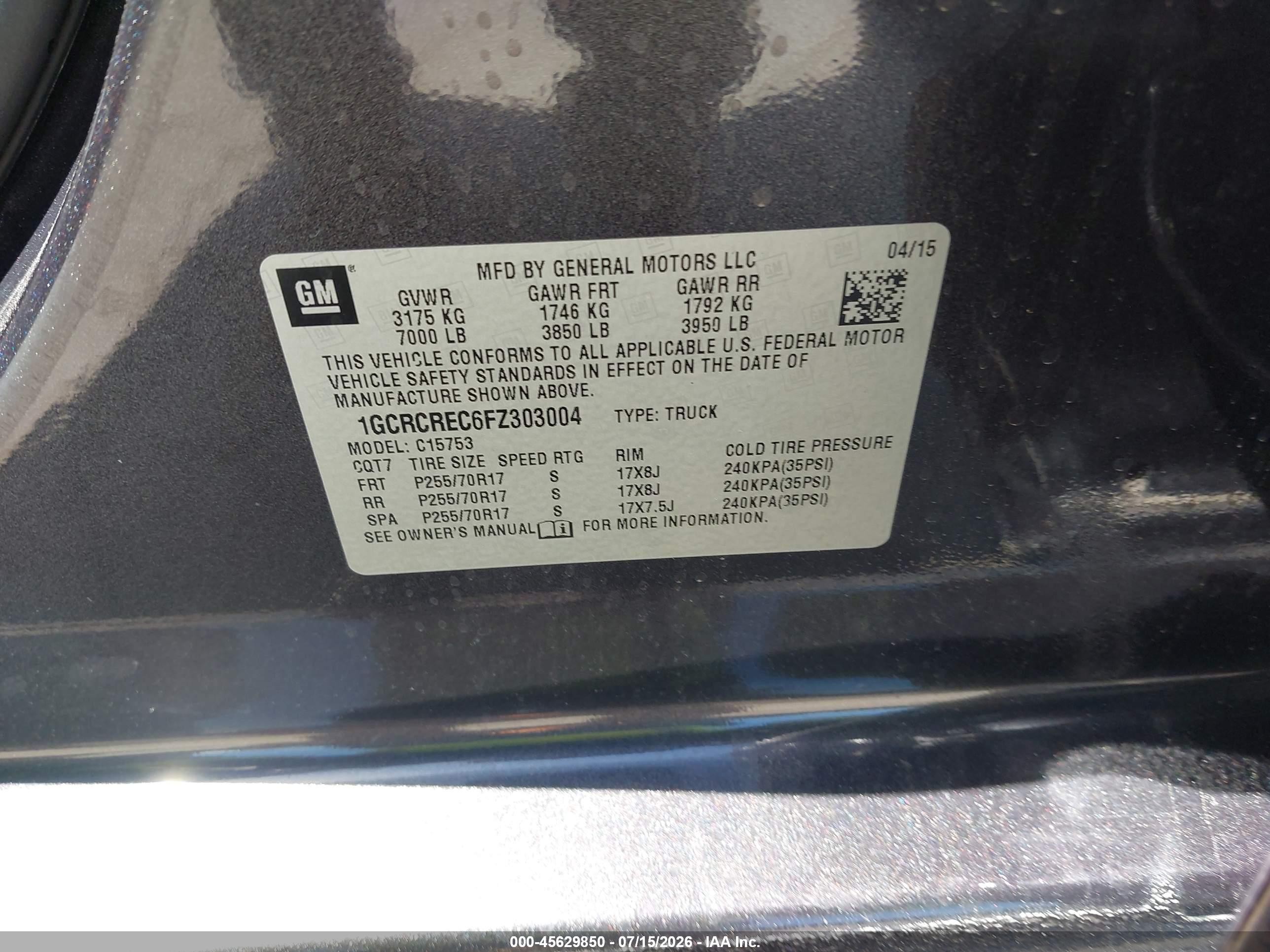 2015 Chevrolet Silverado 1500 Lt Серый vin: 1GCRCREC6FZ303004
