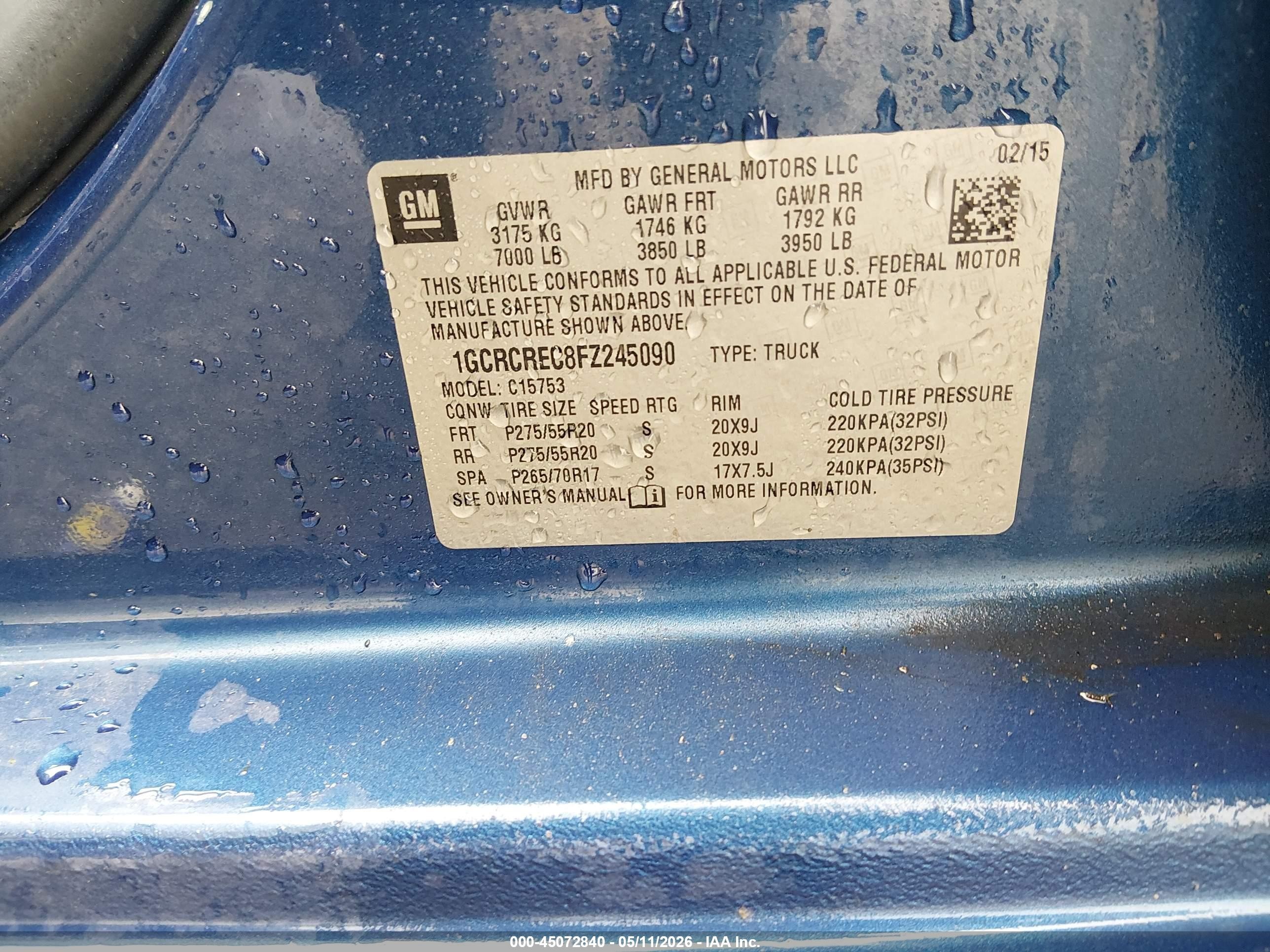 2015 Chevrolet Silverado 1500 1lt Синий vin: 1GCRCREC8FZ245090