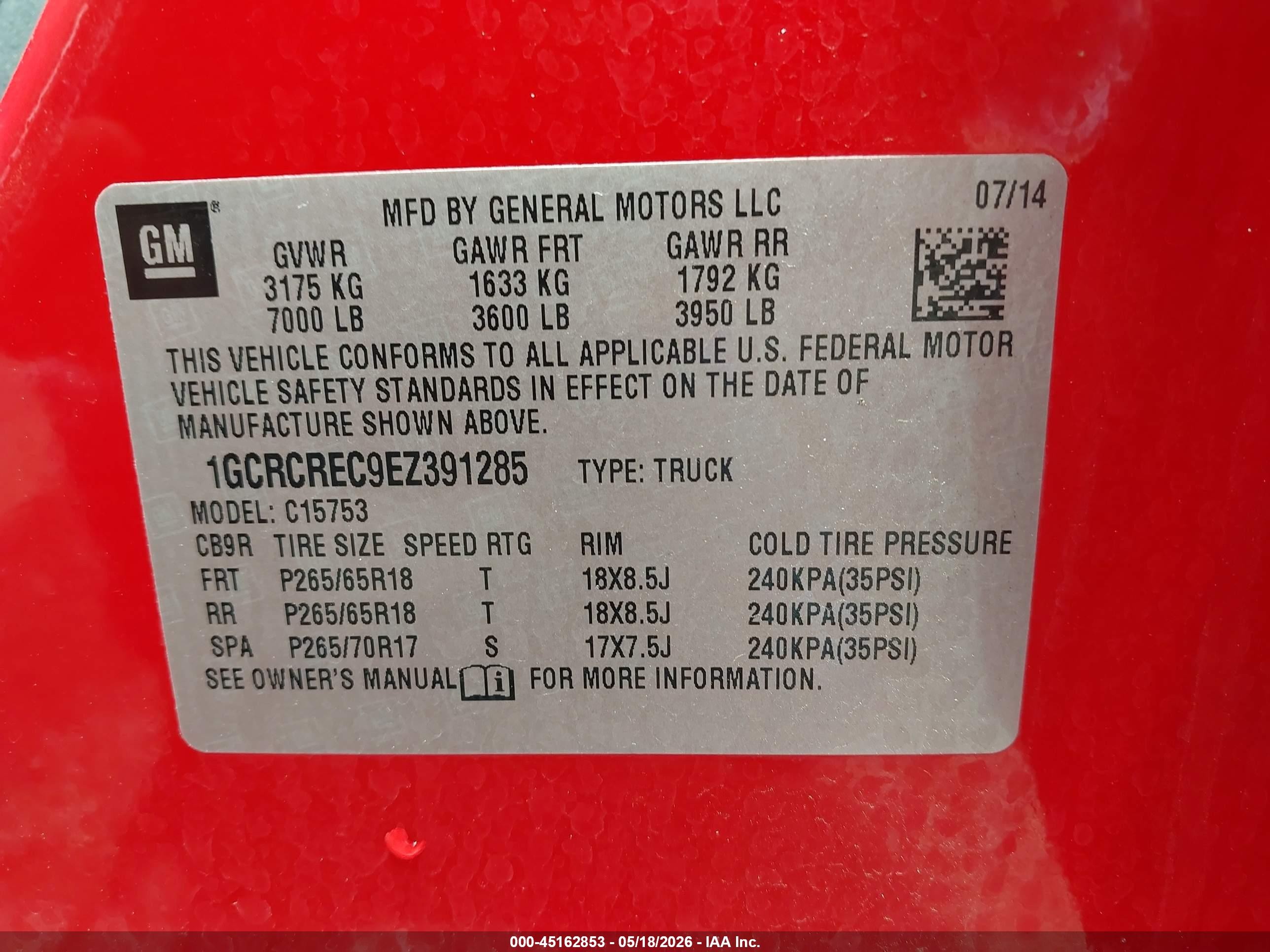 2014 Chevrolet Silverado 1500 1lt Red vin: 1GCRCREC9EZ391285