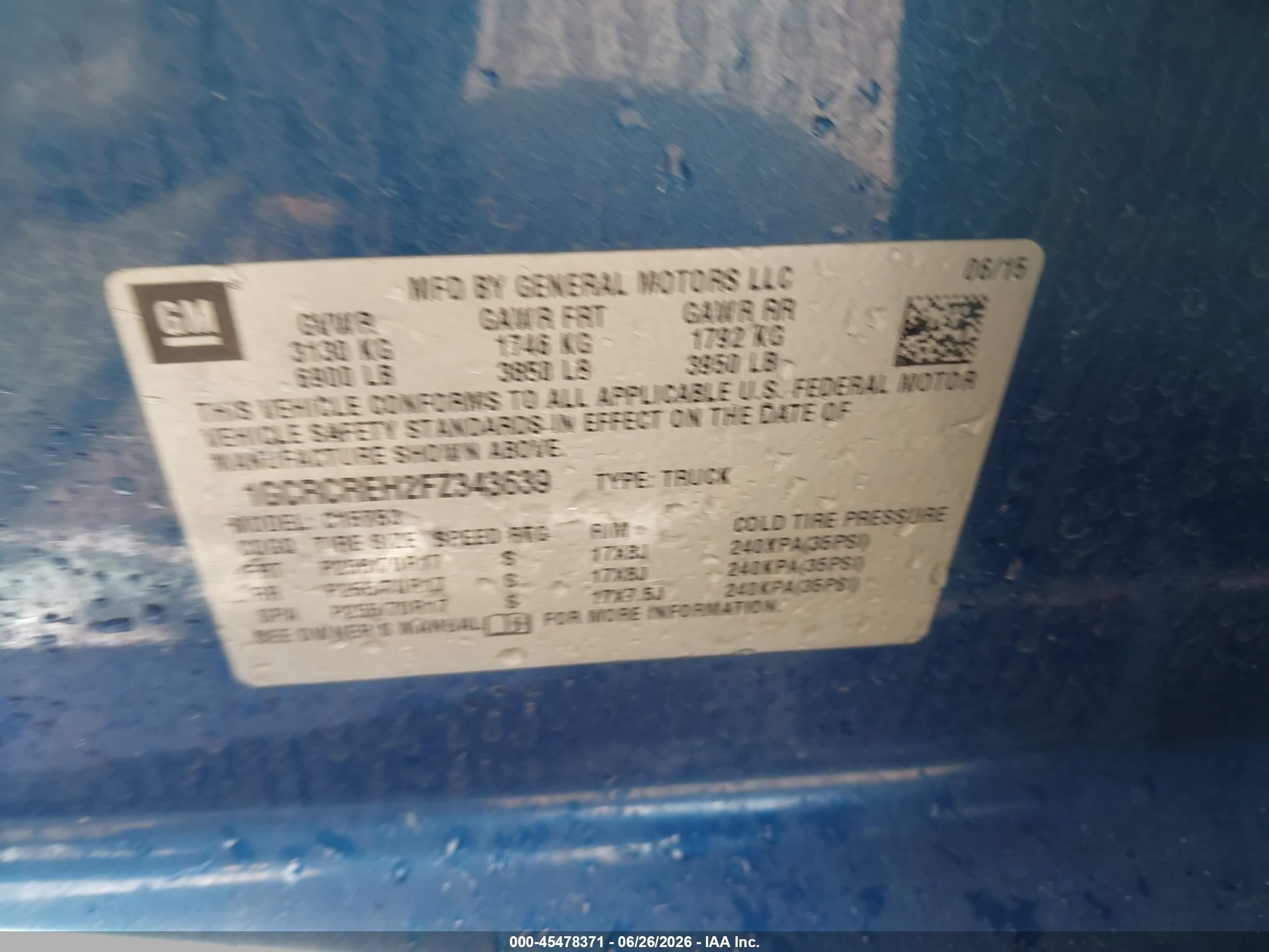 2015 Chevrolet Silverado 1500 Lt Blue vin: 1GCRCREH2FZ343639