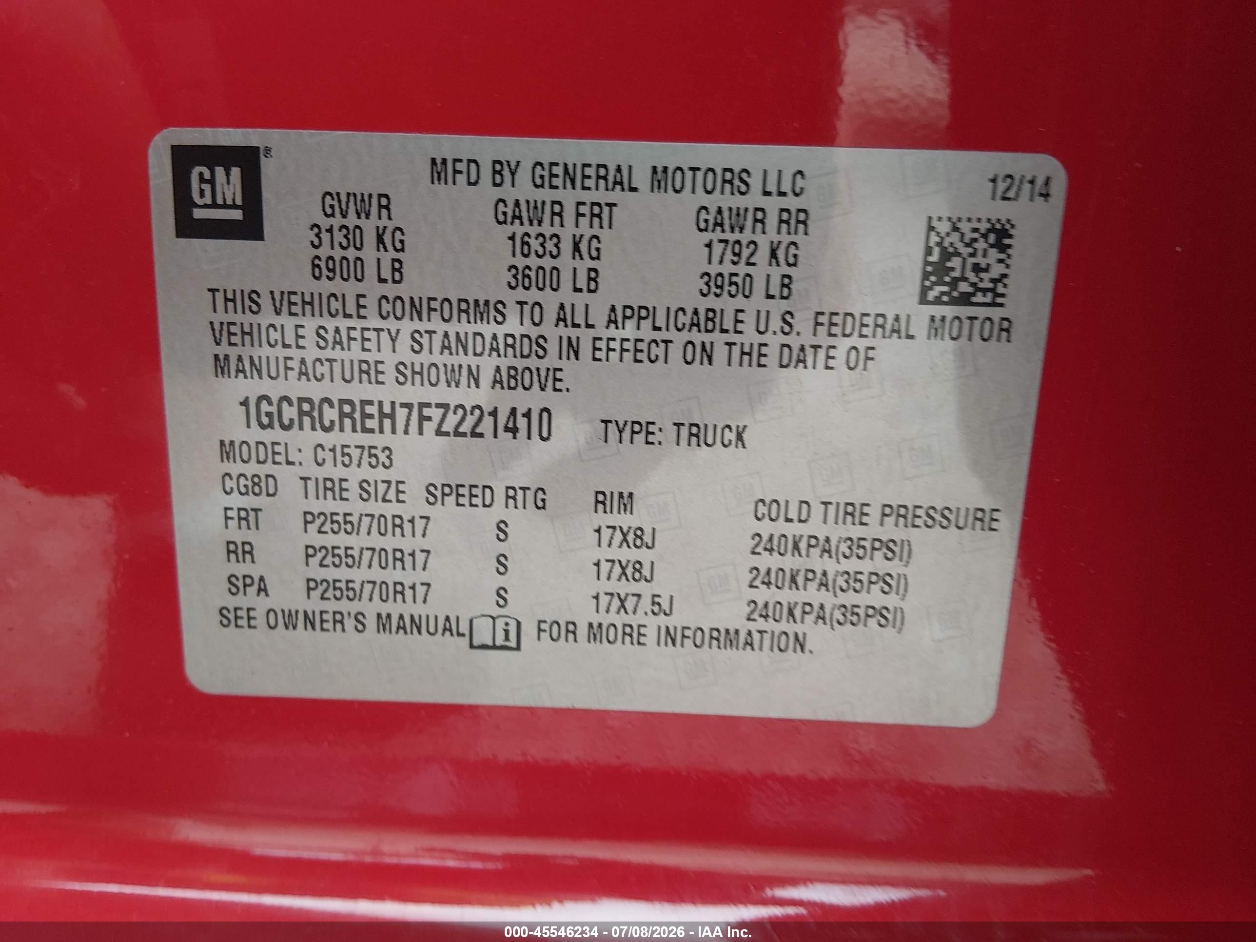 2015 Chevrolet Silverado 1500 1lt Красный vin: 1GCRCREH7FZ221410