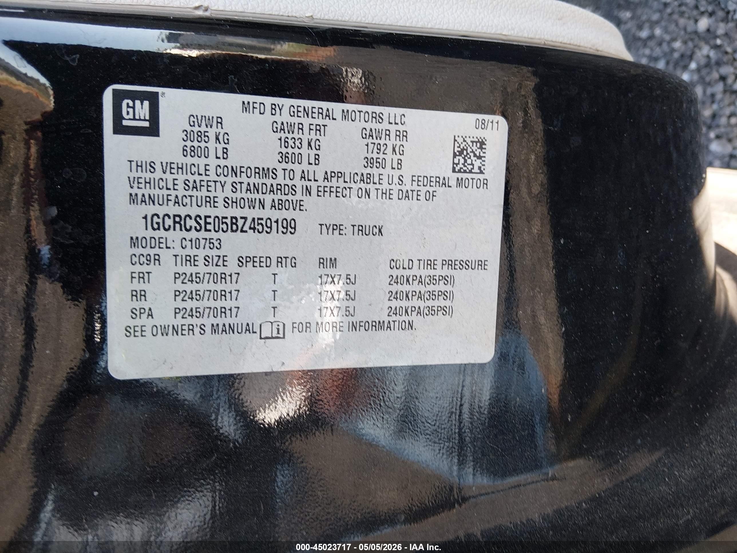 2011 Chevrolet Silverado 1500 Lt Black vin: 1GCRCSE05BZ459199