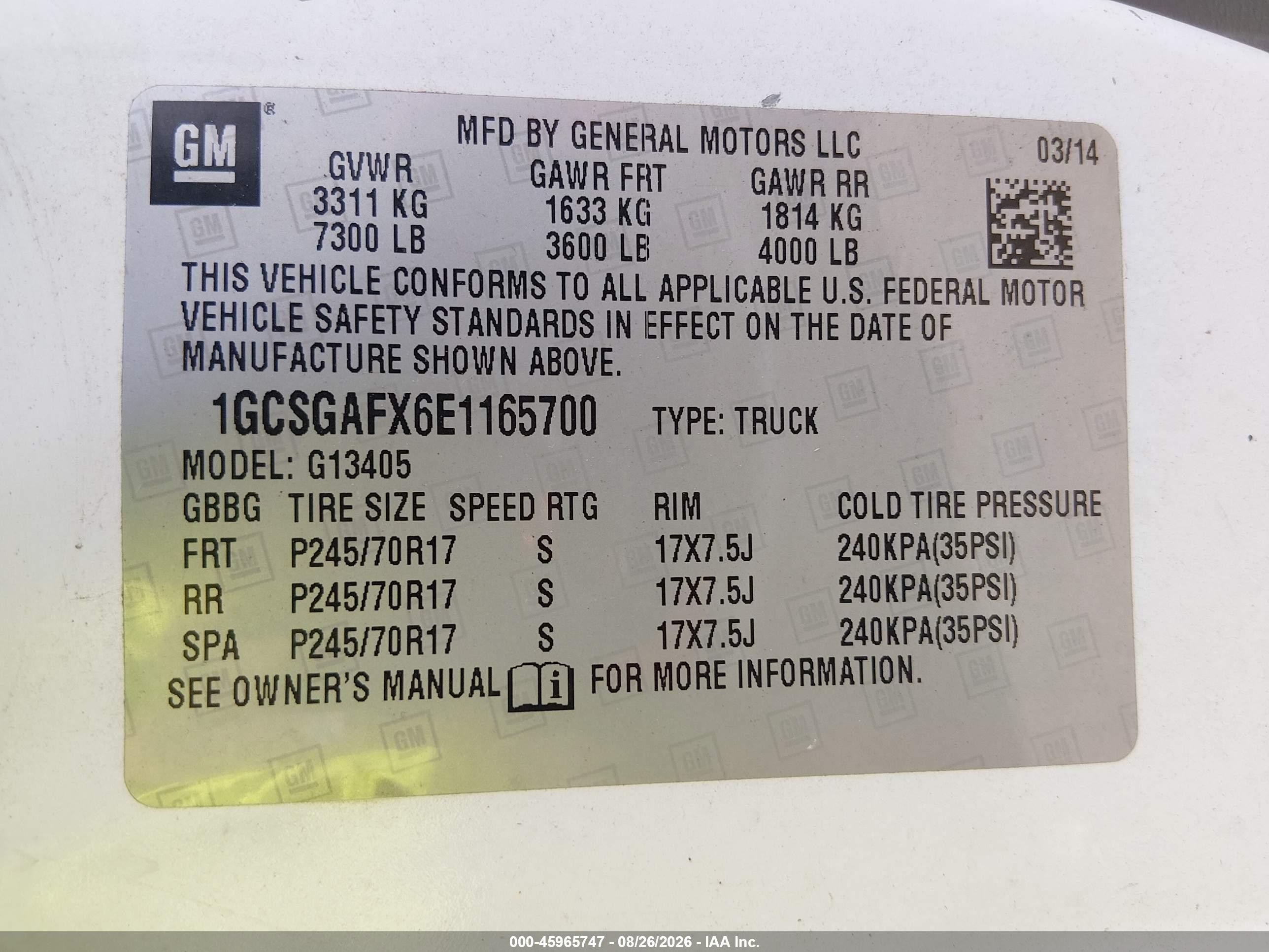 2014 Chevrolet Express 1500 Work Van White vin: 1GCSGAFX6E1165700