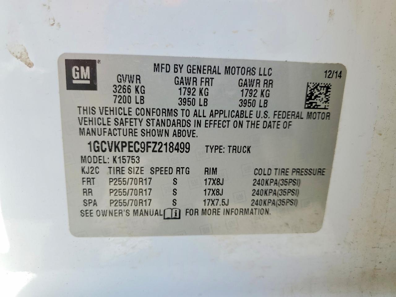 2015 Chevrolet Silverado K1500 White vin: 1GCVKPEC9FZ218499