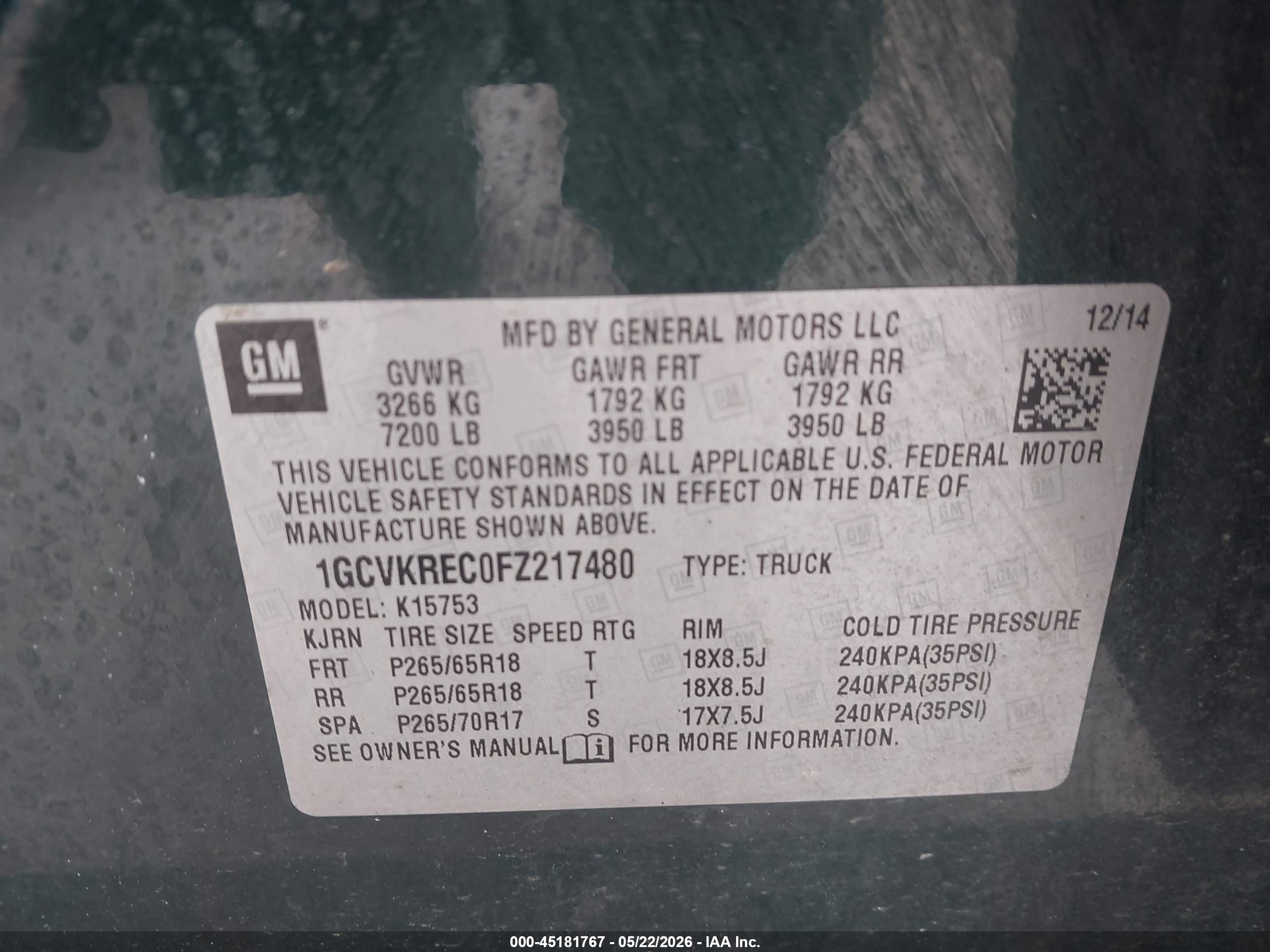 2015 Chevrolet Silverado 1500 1lt Green vin: 1GCVKREC0FZ217480