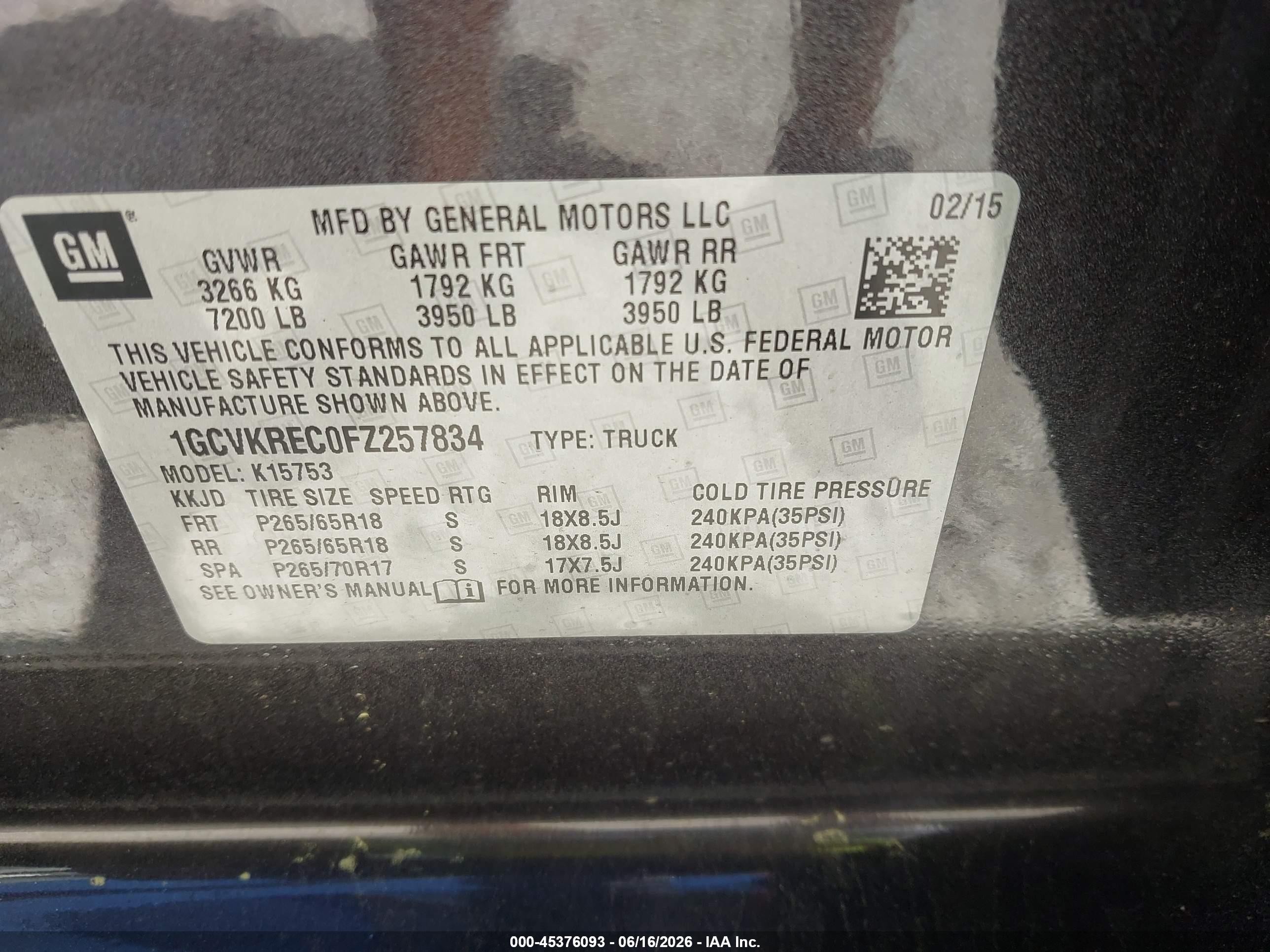 2015 Chevrolet Silverado 1500 Lt Black vin: 1GCVKREC0FZ257834