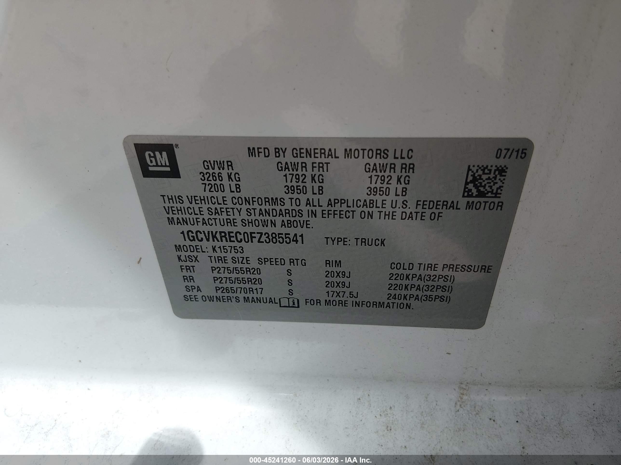 2015 Chevrolet Silverado 1500 1lt White vin: 1GCVKREC0FZ385541