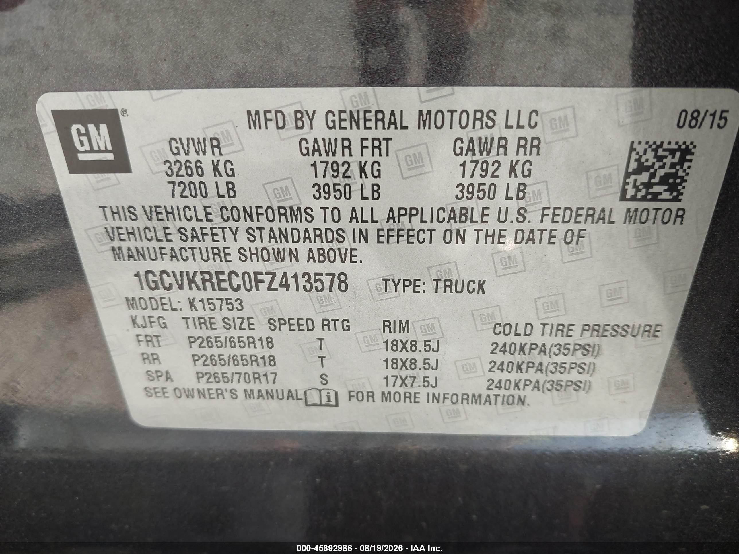 2015 Chevrolet Silverado 1500 Lt Black vin: 1GCVKREC0FZ413578