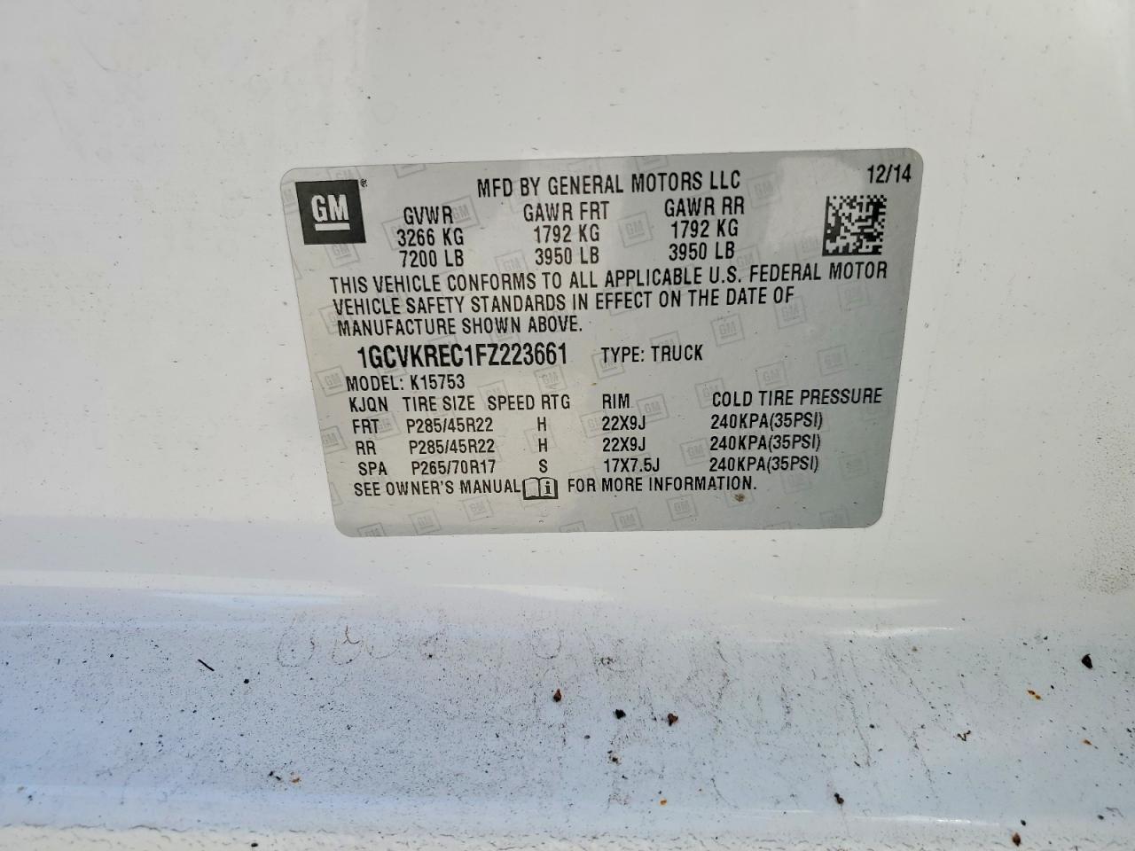 2015 Chevrolet Silverado K1500 Lt Белый vin: 1GCVKREC1FZ223661