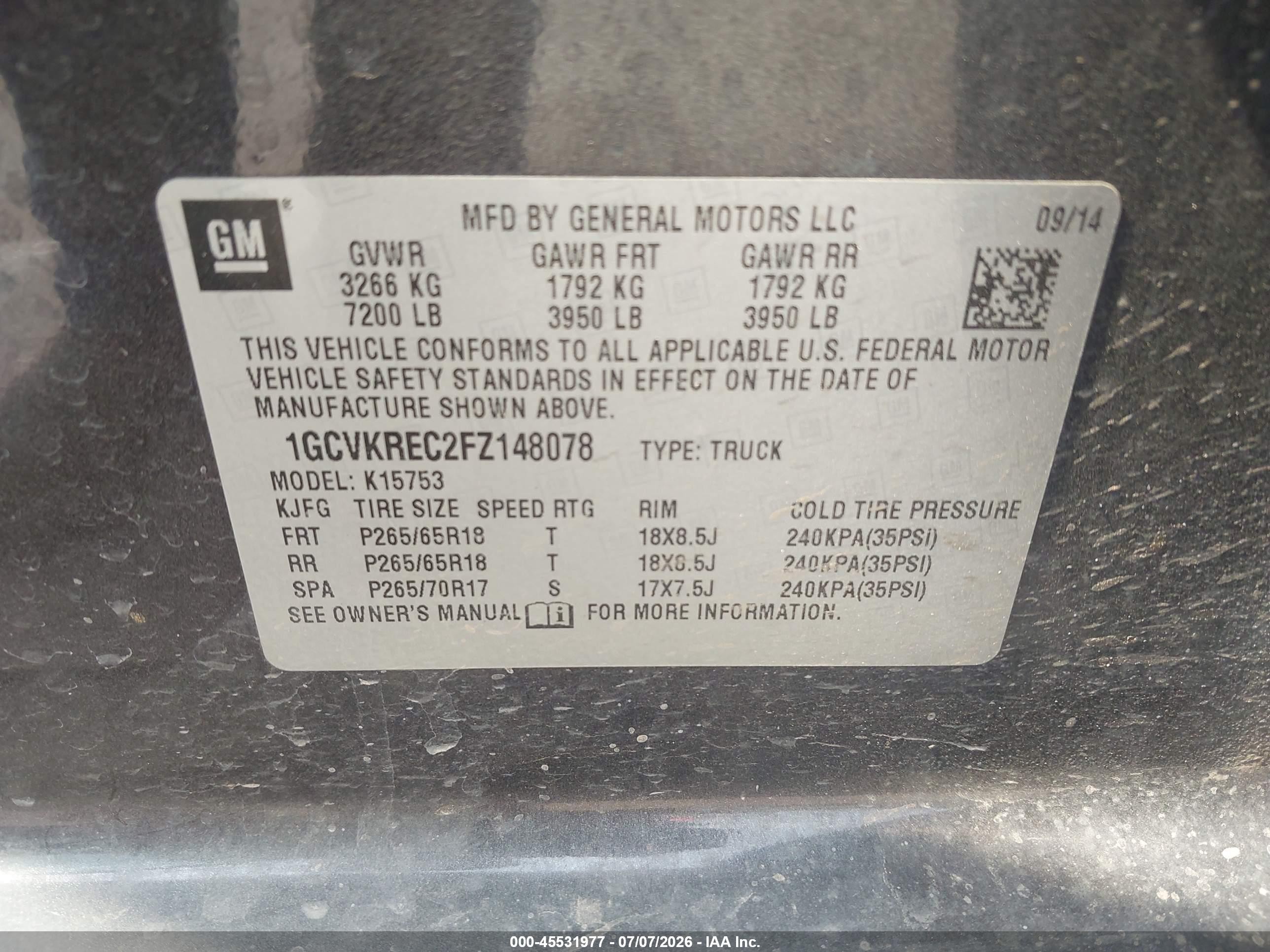 2015 Chevrolet Silverado 1500 Lt Серый vin: 1GCVKREC2FZ148078