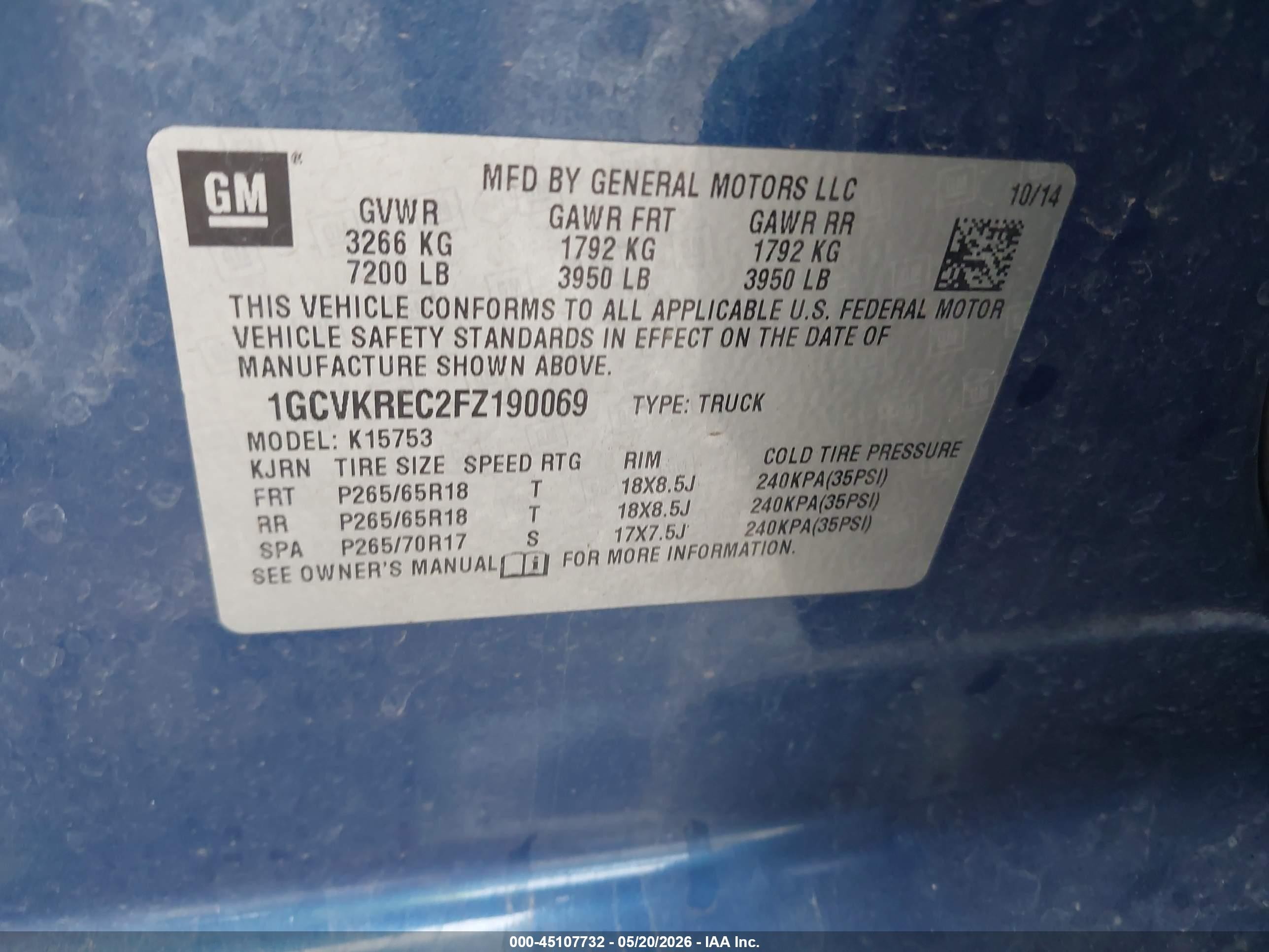 2015 Chevrolet Silverado 1500 2lt Blue vin: 1GCVKREC2FZ190069