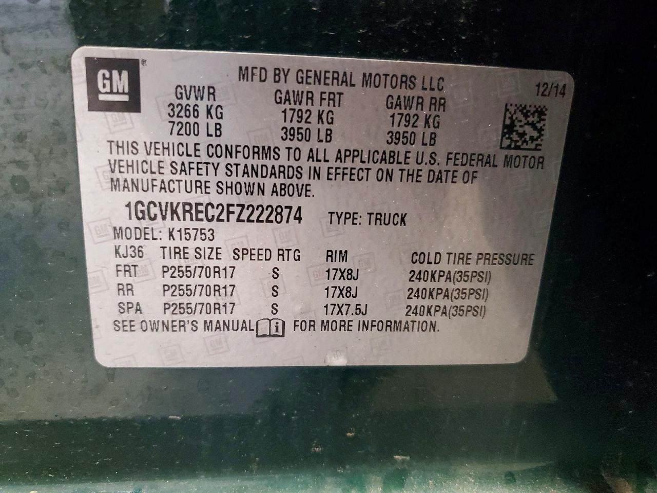 2015 Chevrolet Silverado K1500 Lt Green vin: 1GCVKREC2FZ222874