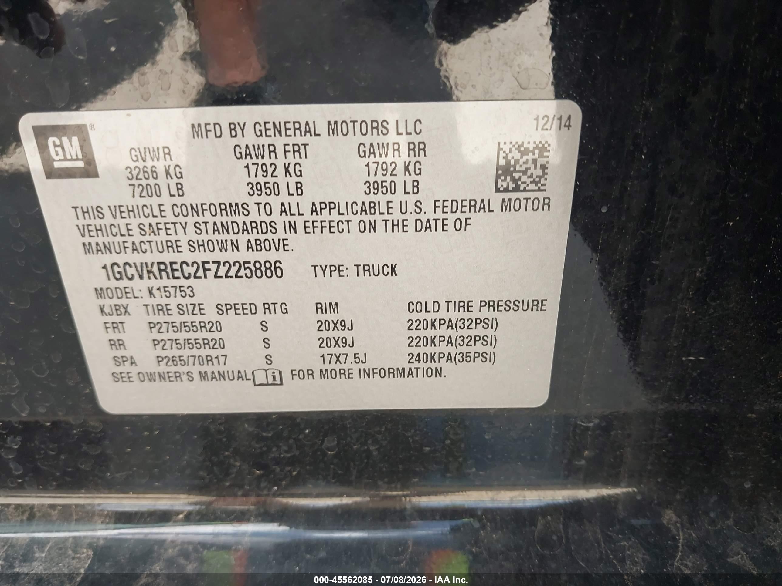 2015 Chevrolet Silverado 1500 Lt Black vin: 1GCVKREC2FZ225886