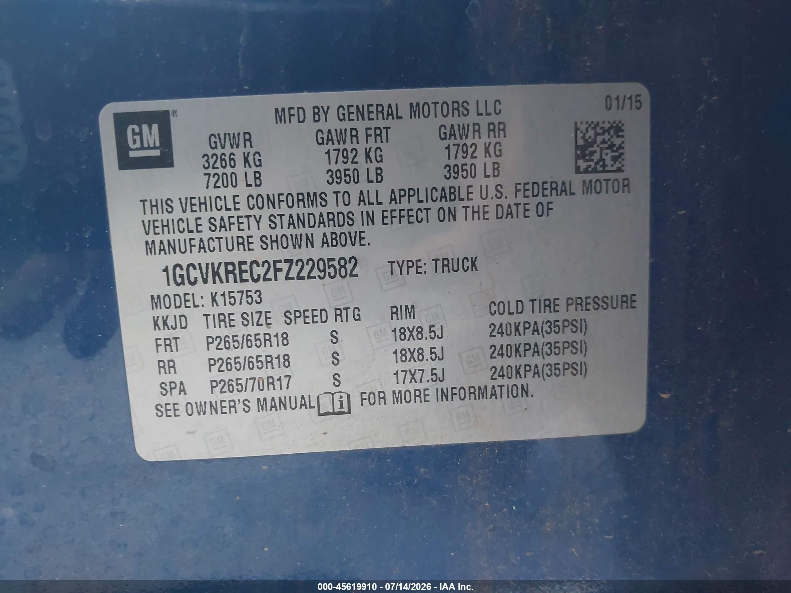 2015 Chevrolet Silverado 1500 Lt Blue vin: 1GCVKREC2FZ229582