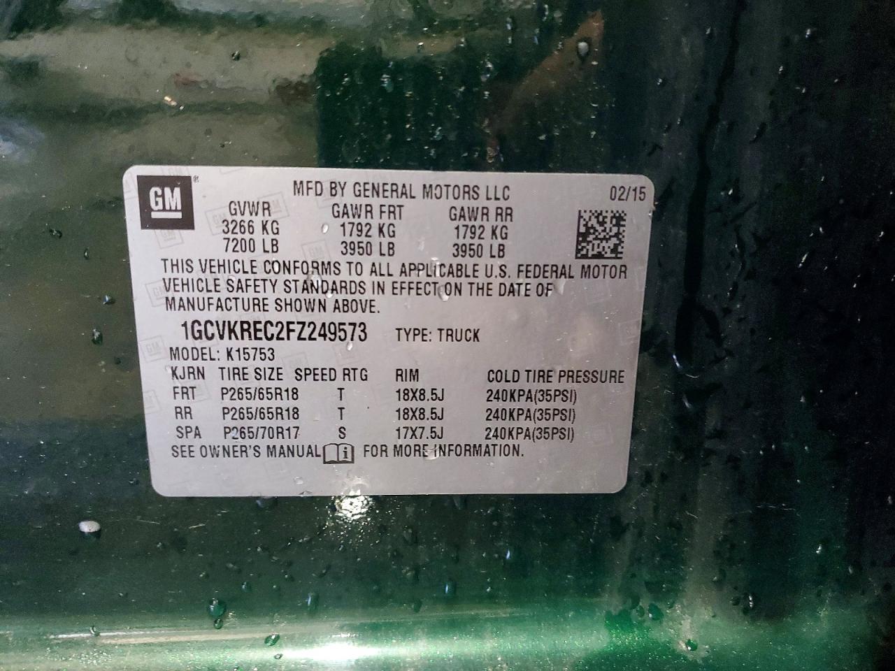 2015 Chevrolet Silverado K1500 Lt Зеленый vin: 1GCVKREC2FZ249573