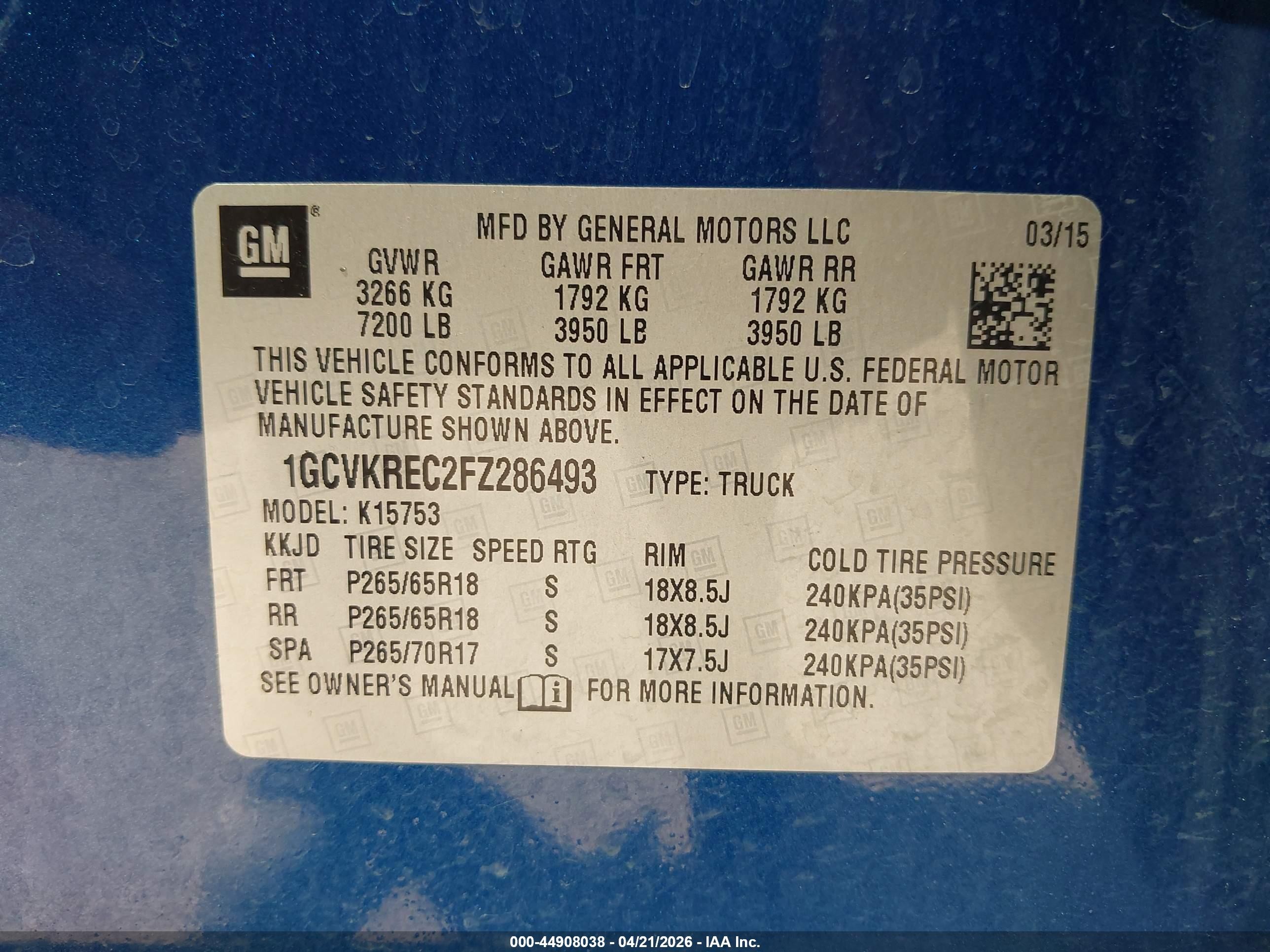 2015 Chevrolet Silverado 1500 1lt Blue vin: 1GCVKREC2FZ286493