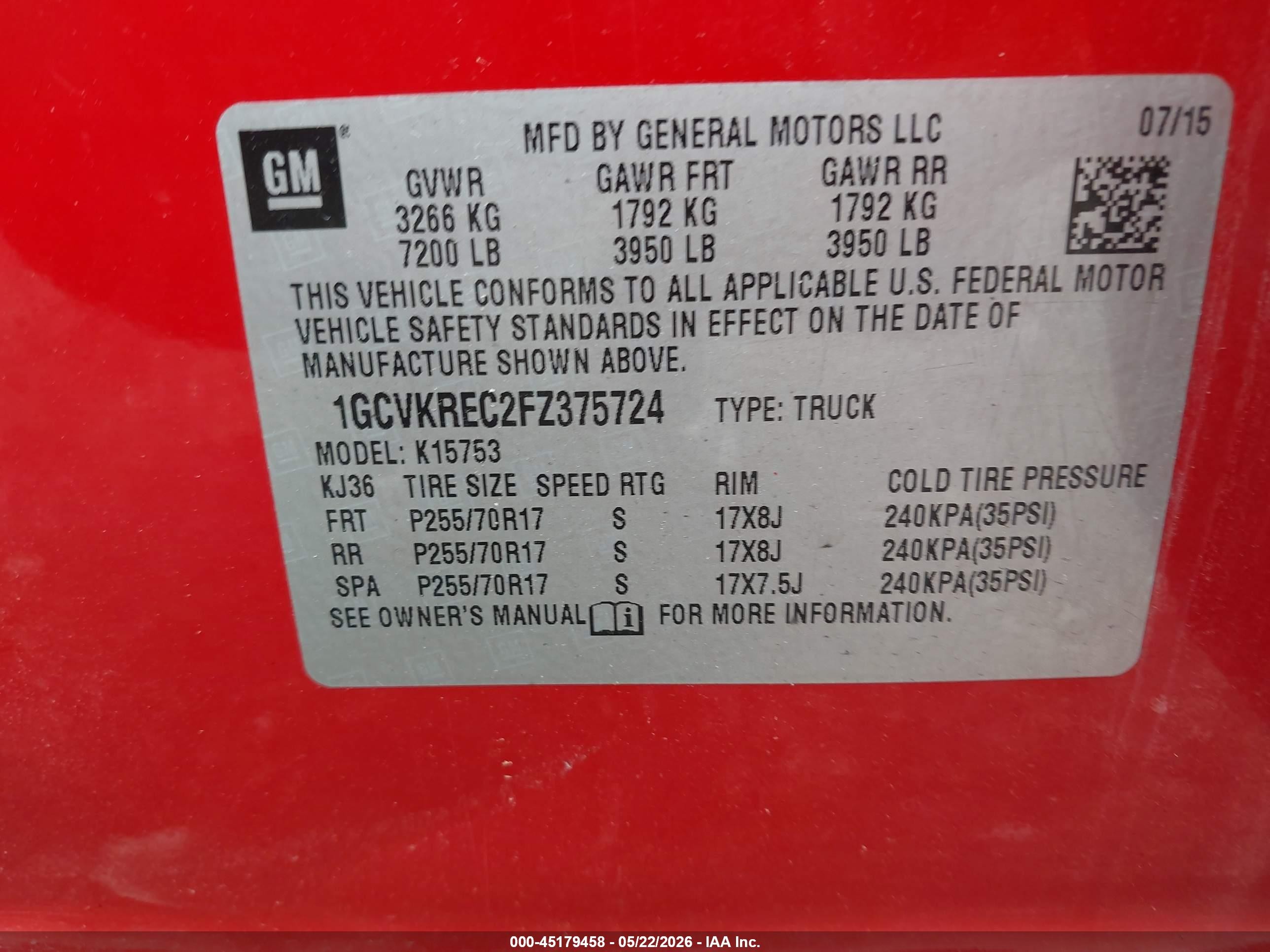 2015 Chevrolet Silverado 1500 1lt Red vin: 1GCVKREC2FZ375724