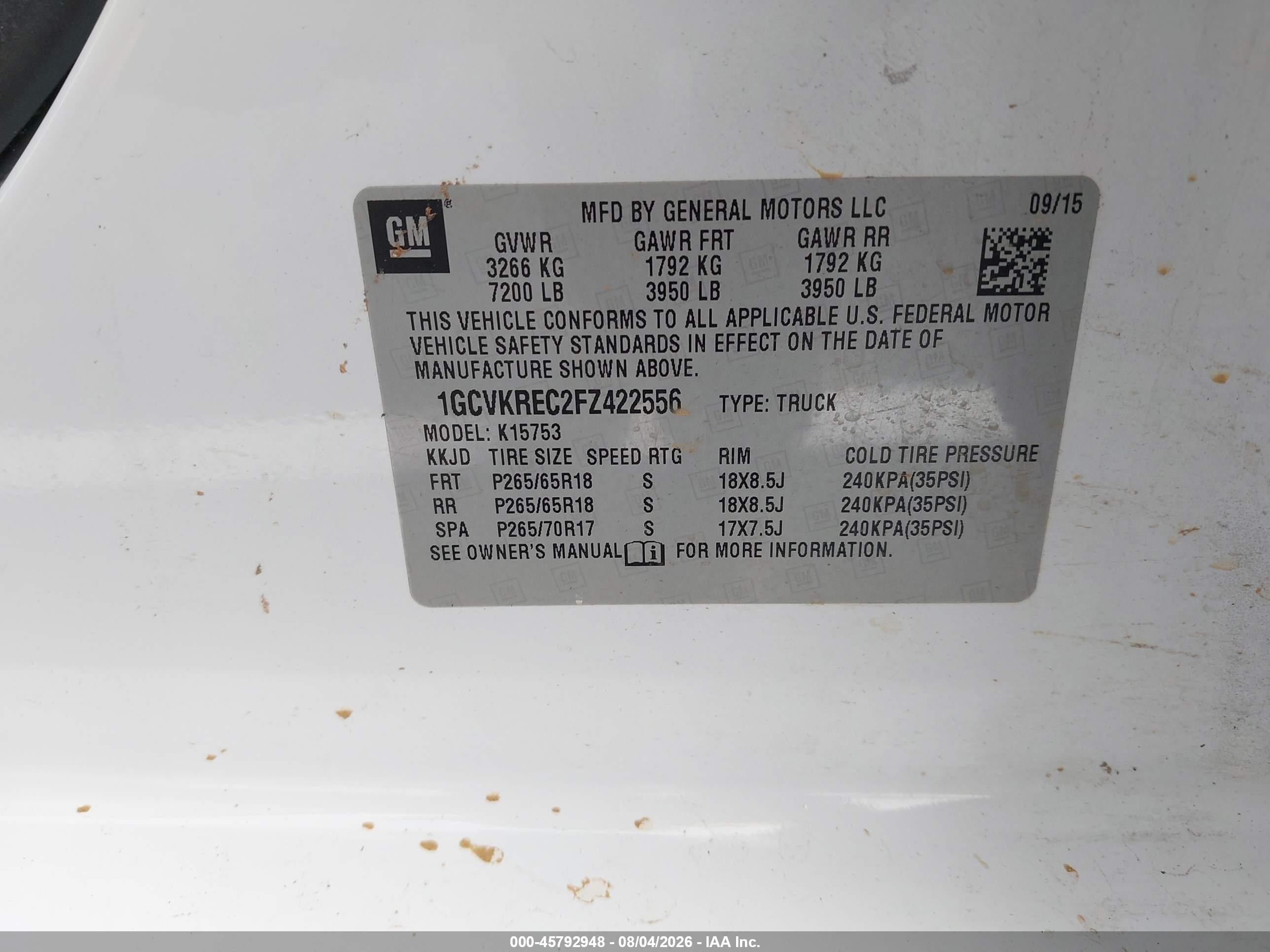 2015 Chevrolet Silverado 1500 Lt White vin: 1GCVKREC2FZ422556