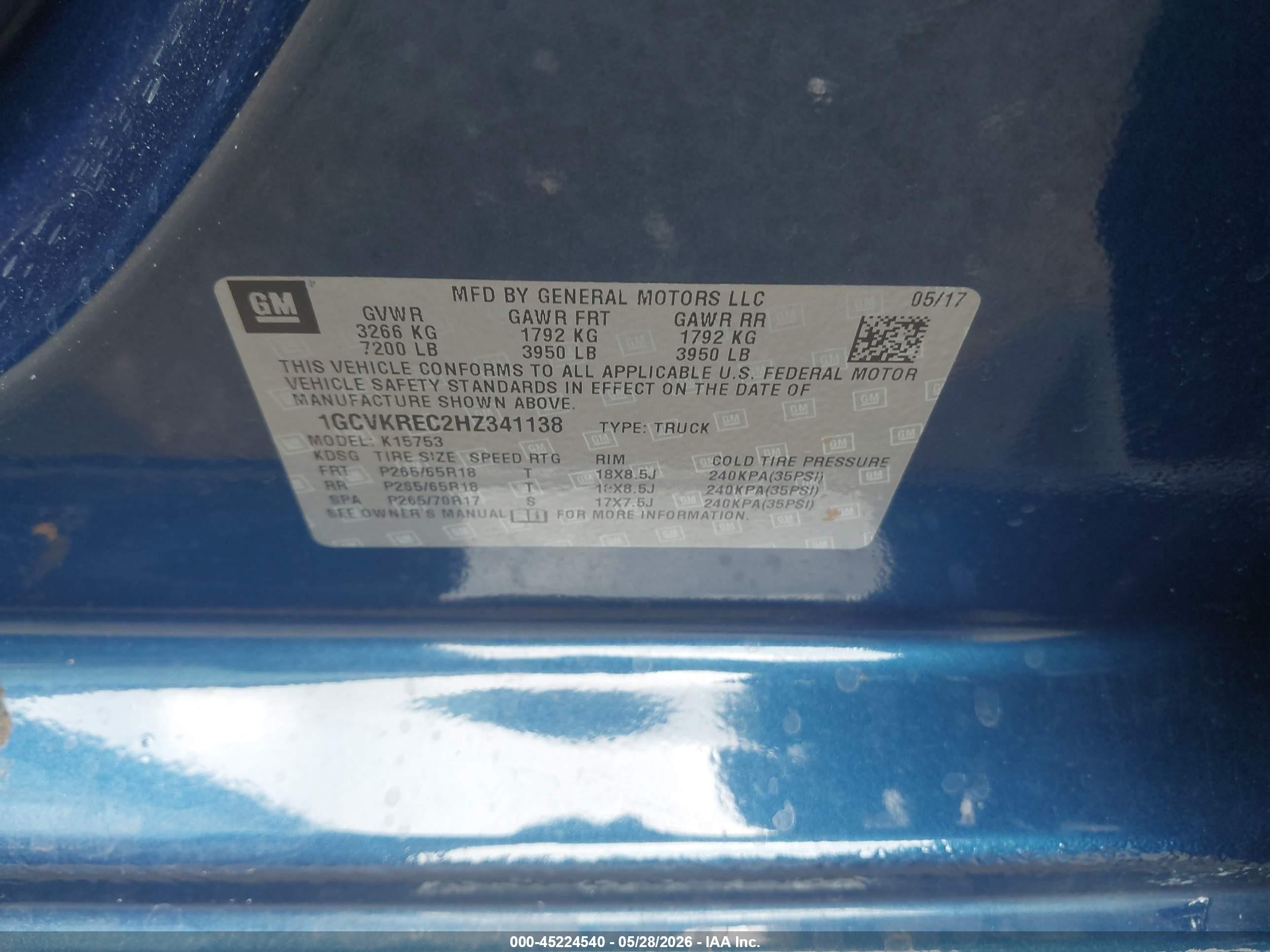 2017 Chevrolet Silverado 1500 2lt Blue vin: 1GCVKREC2HZ341138