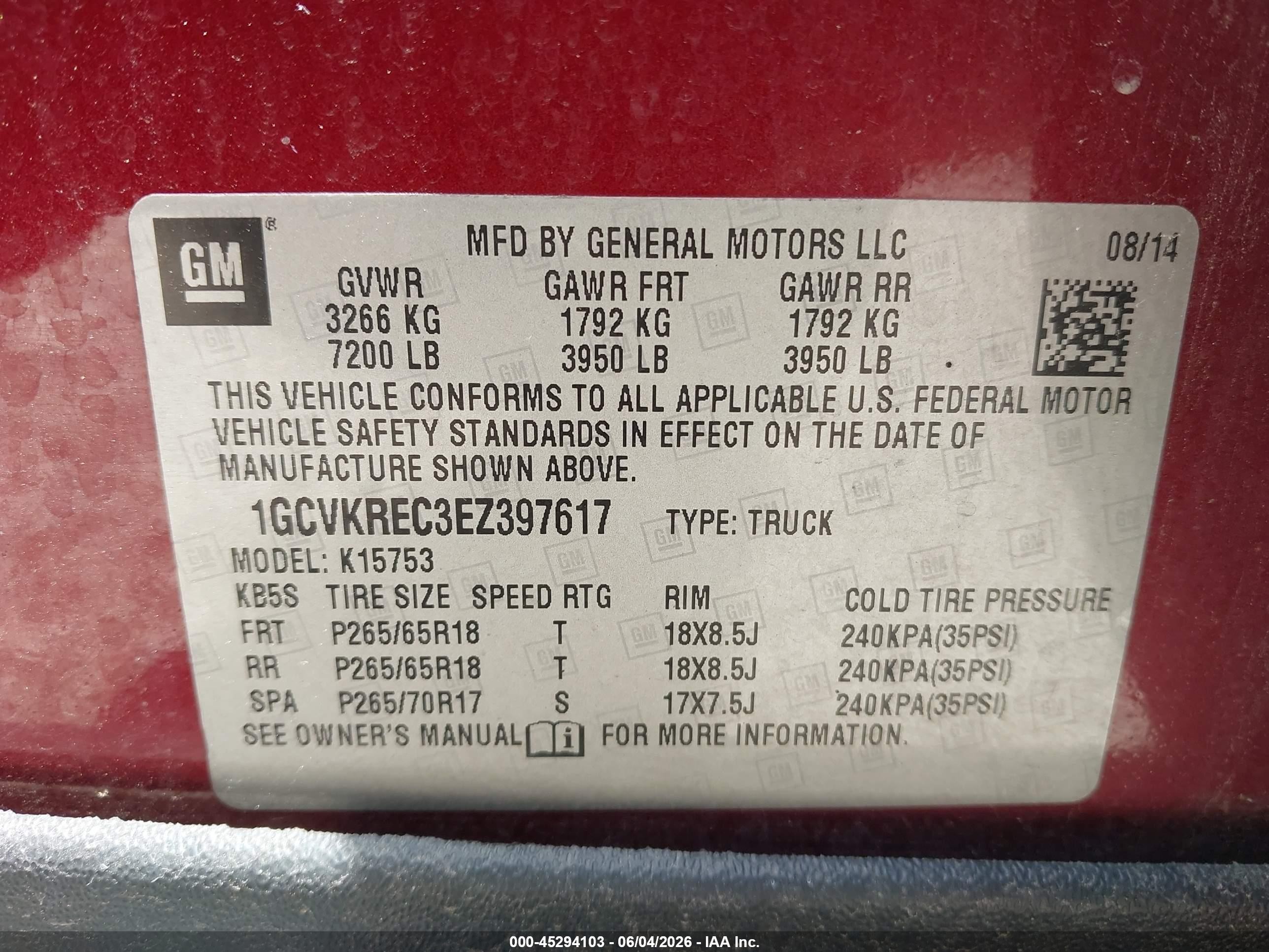 2014 Chevrolet Silverado 1500 2lt Maroon vin: 1GCVKREC3EZ397617