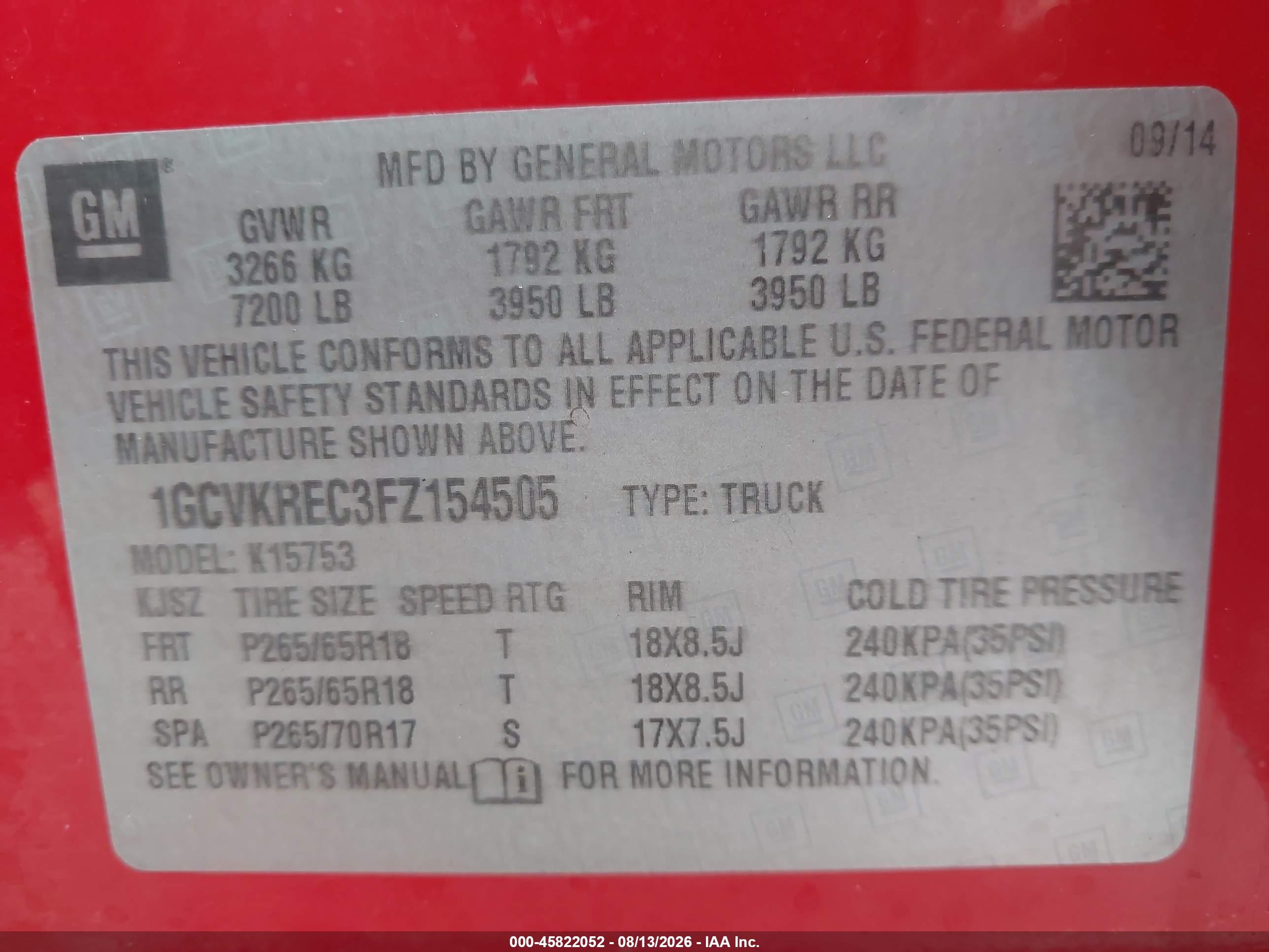 2015 Chevrolet Silverado 1500 Lt Red vin: 1GCVKREC3FZ154505