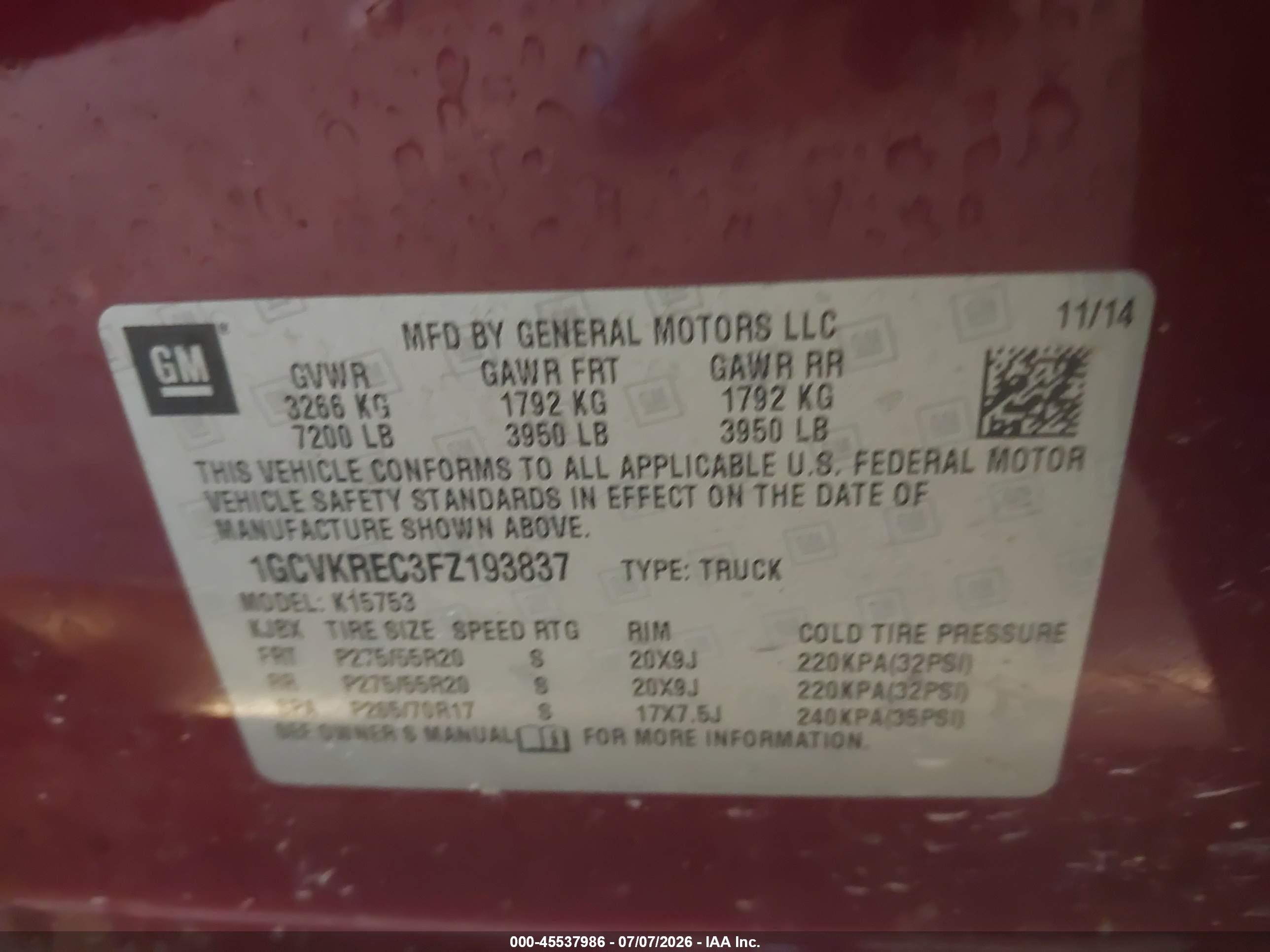 2015 Chevrolet Silverado 1500 Lt Red vin: 1GCVKREC3FZ193837