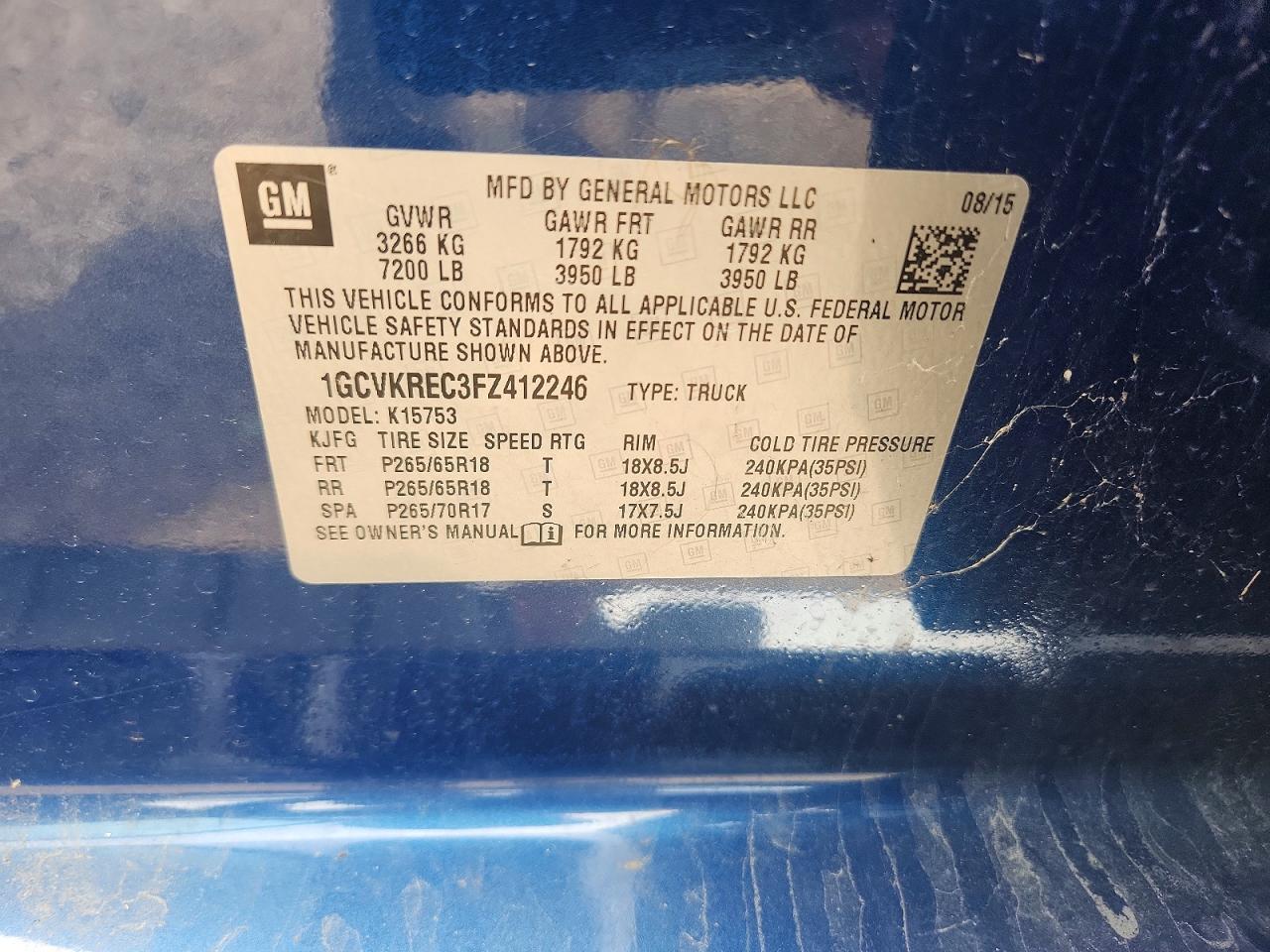 2015 Chevrolet Silverado K1500 Lt Blue vin: 1GCVKREC3FZ412246