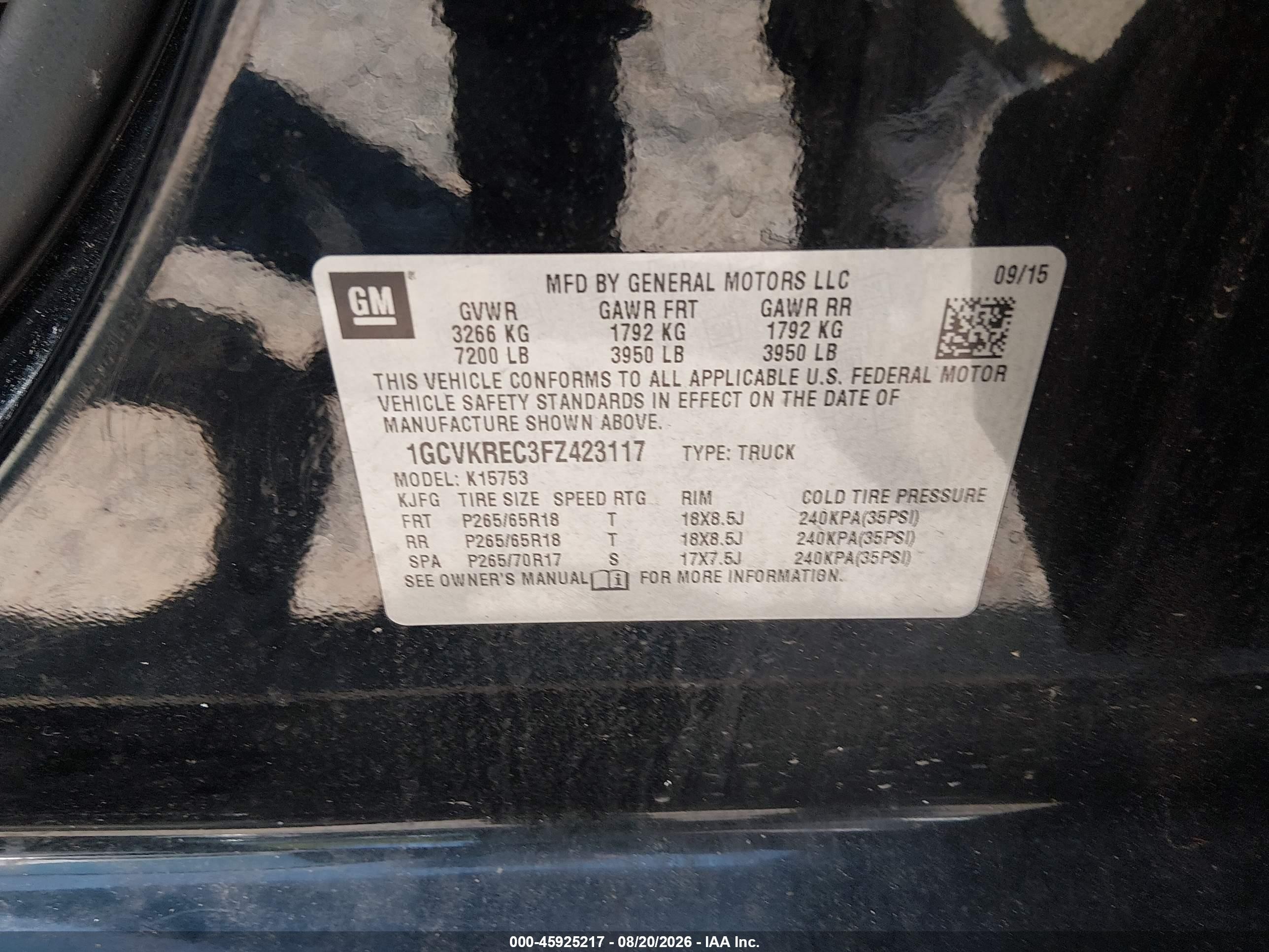2015 Chevrolet Silverado 1500 Lt Black vin: 1GCVKREC3FZ423117