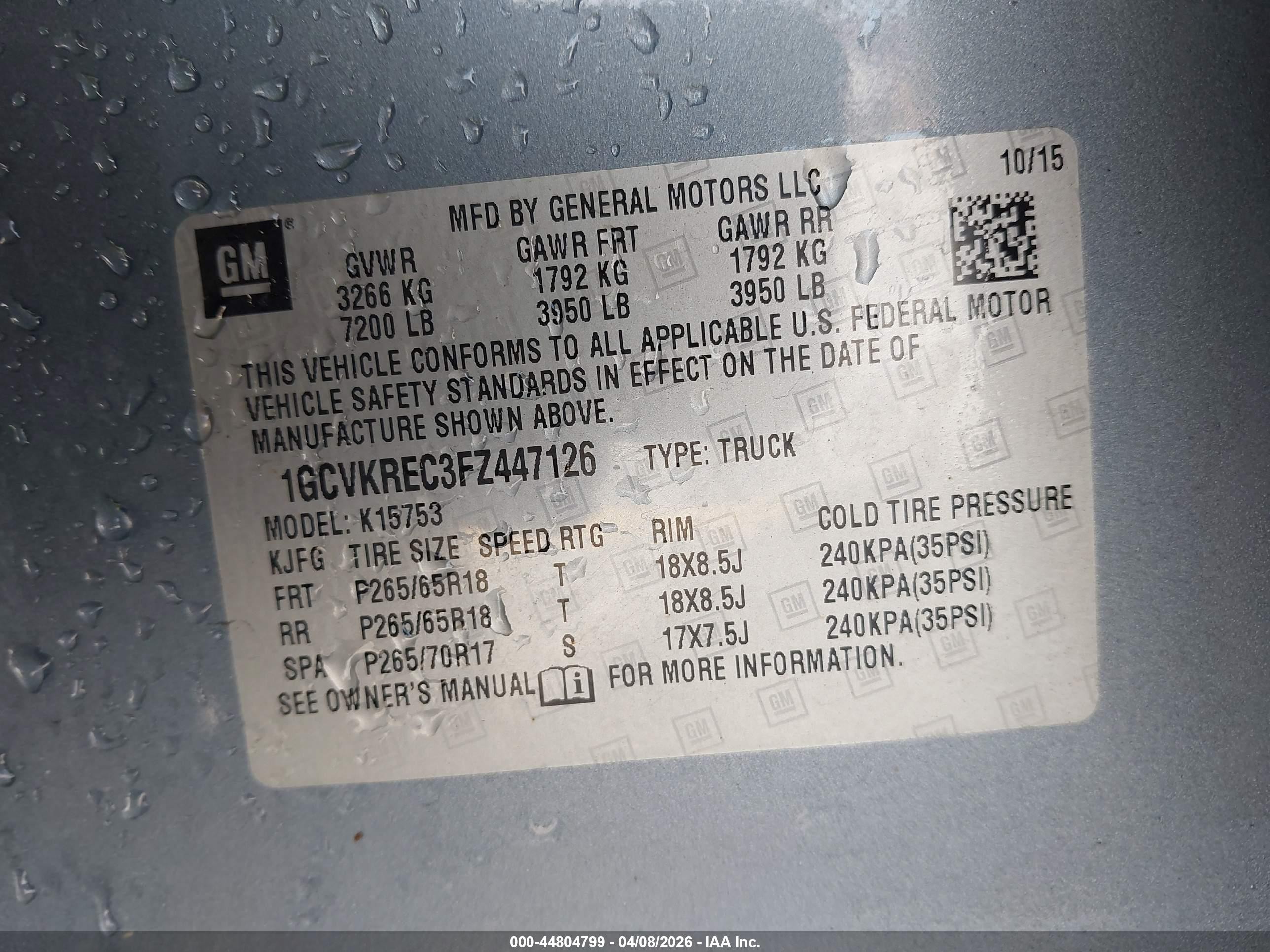 2015 Chevrolet Silverado 1500 1lt Gray vin: 1GCVKREC3FZ447126